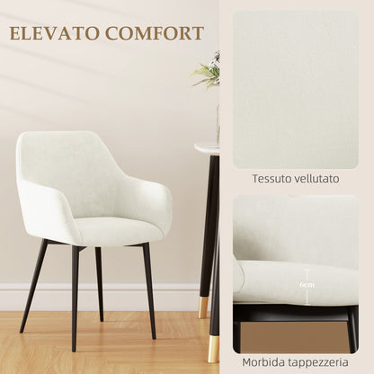 Set of 2 Upholstered Nordic Style Dining Chairs, Kitchen Chairs in Fabric, Armchair with Armrests and Steel Legs for Living Room, 54x57x80 cm, Cream White