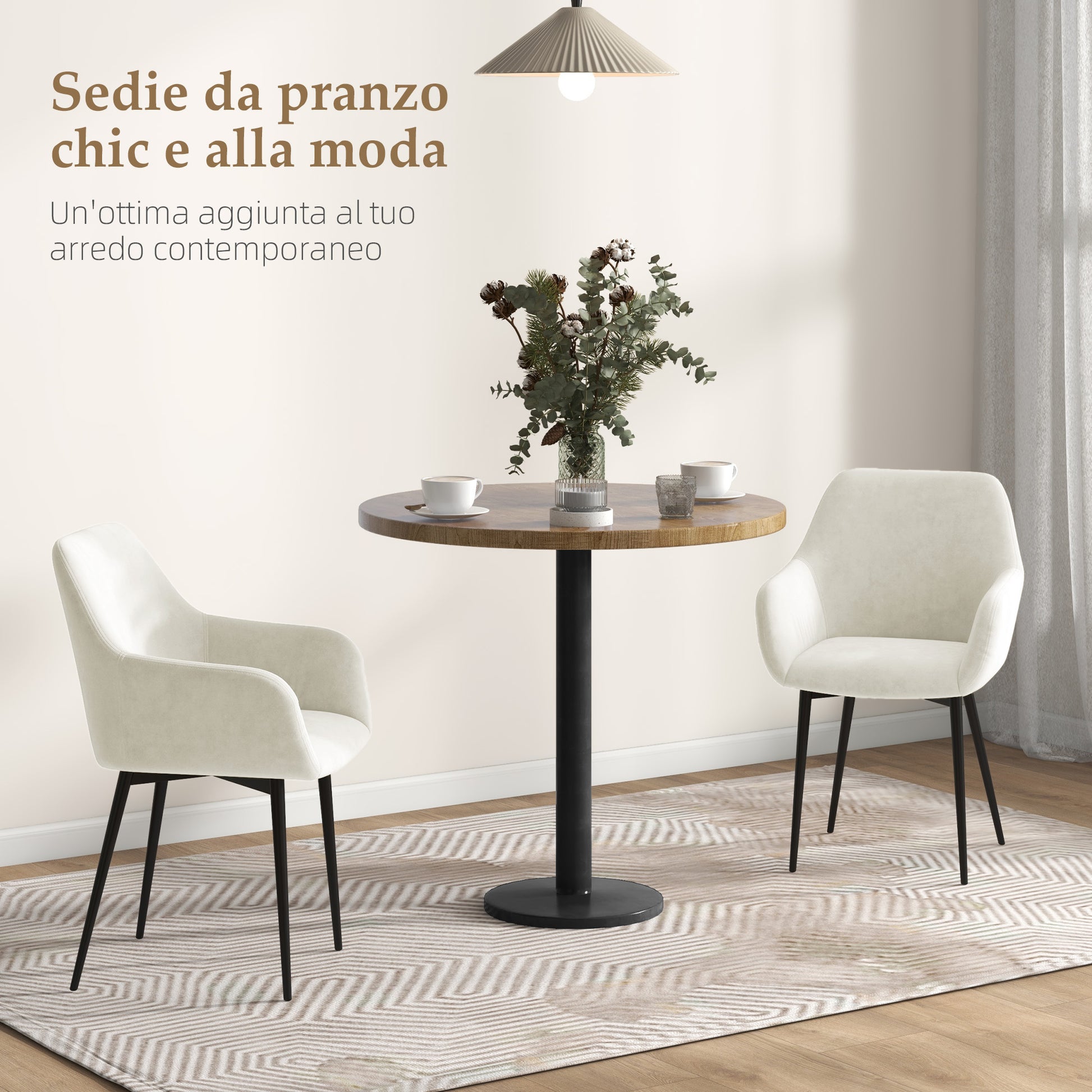 Set of 2 Upholstered Nordic Style Dining Chairs, Kitchen Chairs in Fabric, Armchair with Armrests and Steel Legs for Living Room, 54x57x80 cm, Cream White