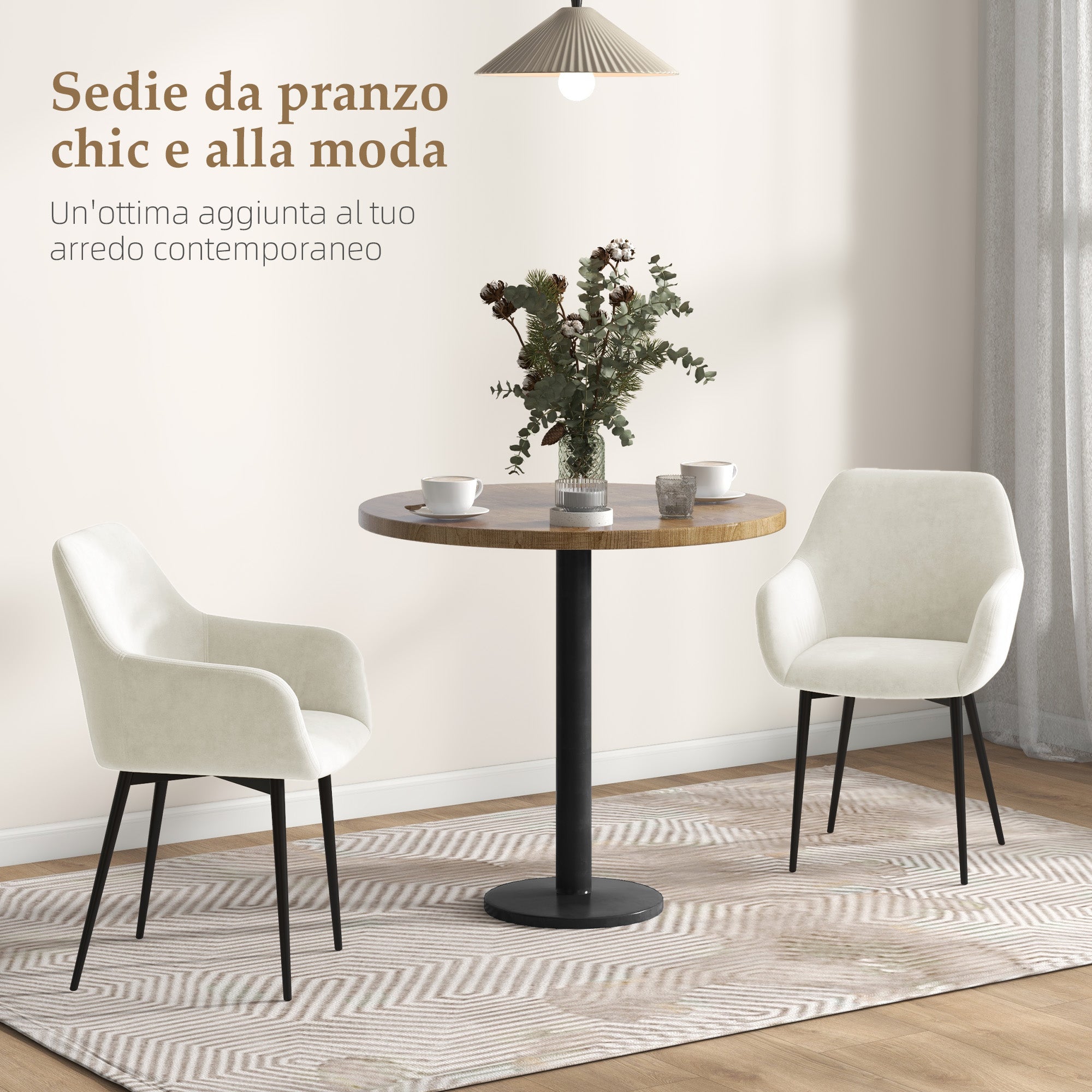 Set of 2 Upholstered Nordic Style Dining Chairs, Kitchen Chairs in Fabric, Armchair with Armrests and Steel Legs for Living Room, 54x57x80 cm, Cream White
