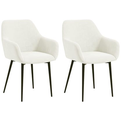 Set of 2 Upholstered Nordic Style Dining Chairs, Kitchen Chairs in Fabric, Armchair with Armrests and Steel Legs for Living Room, 54x57x80 cm, Cream White