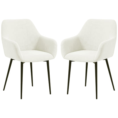Set of 2 Upholstered Nordic Style Dining Chairs, Kitchen Chairs in Fabric, Armchair with Armrests and Steel Legs for Living Room, 54x57x80 cm, Cream White