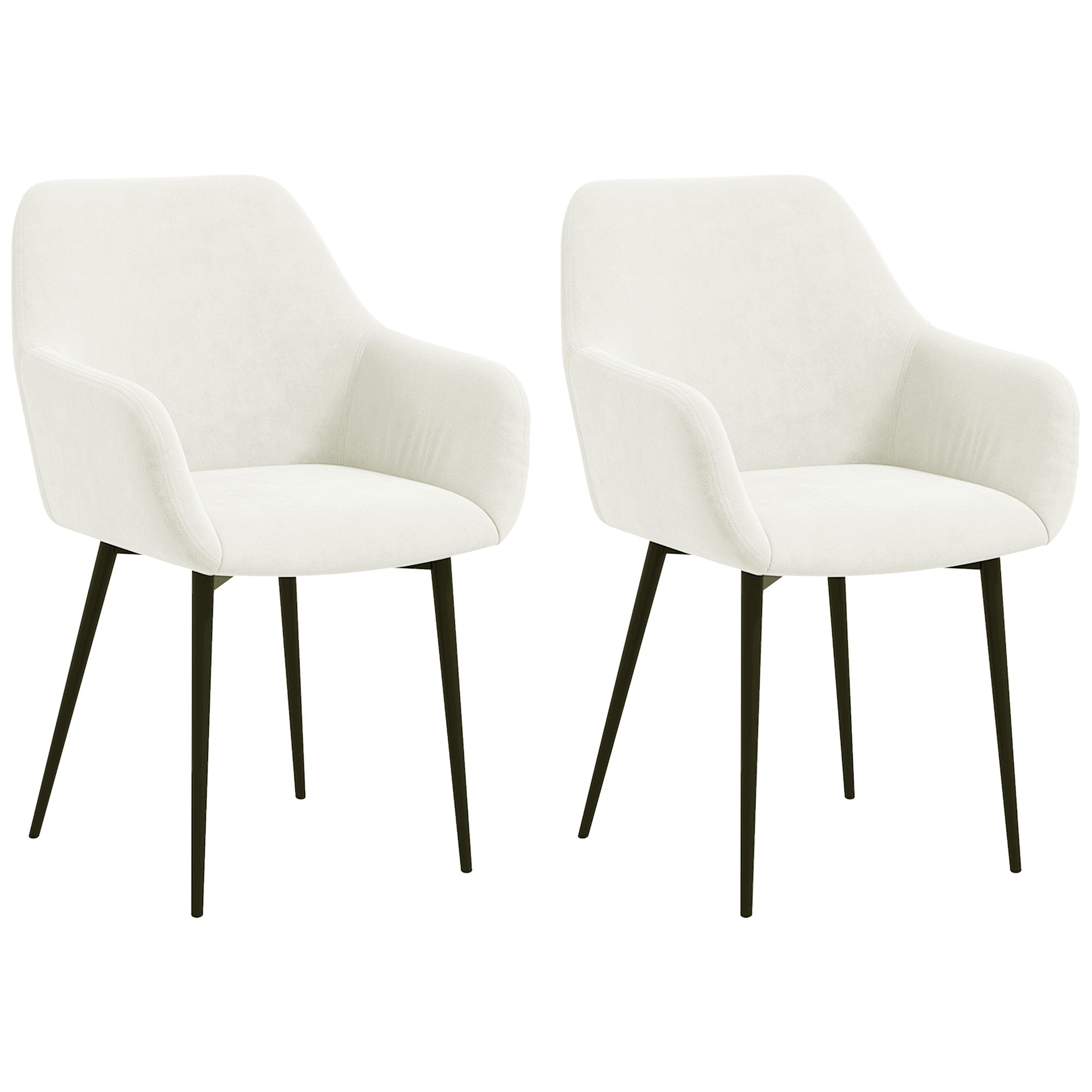 Set of 2 Upholstered Nordic Style Dining Chairs, Kitchen Chairs in Fabric, Armchair with Armrests and Steel Legs for Living Room, 54x57x80 cm, Cream White