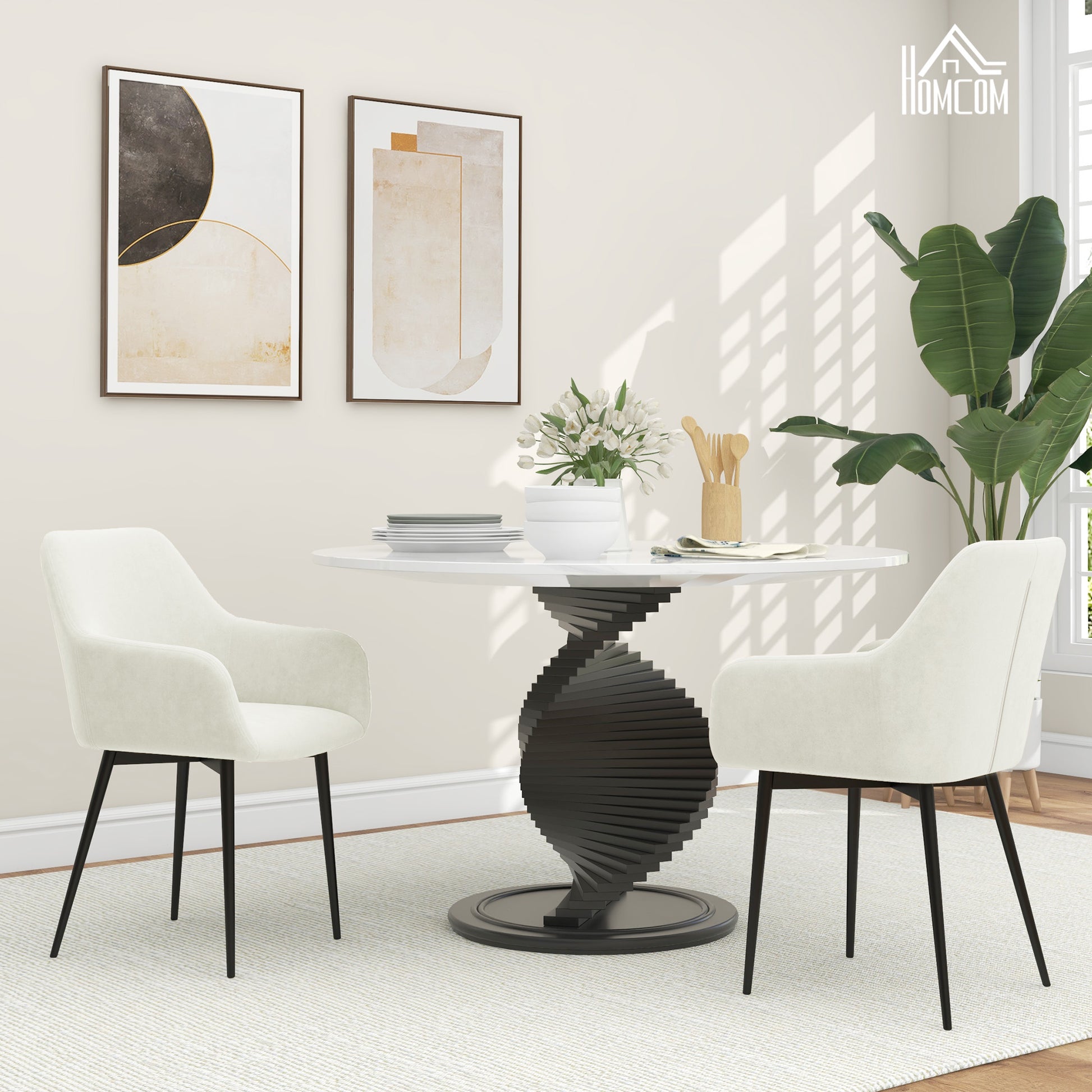 Set of 2 Upholstered Nordic Style Dining Chairs, Kitchen Chairs in Fabric, Armchair with Armrests and Steel Legs for Living Room, 54x57x80 cm, Cream White