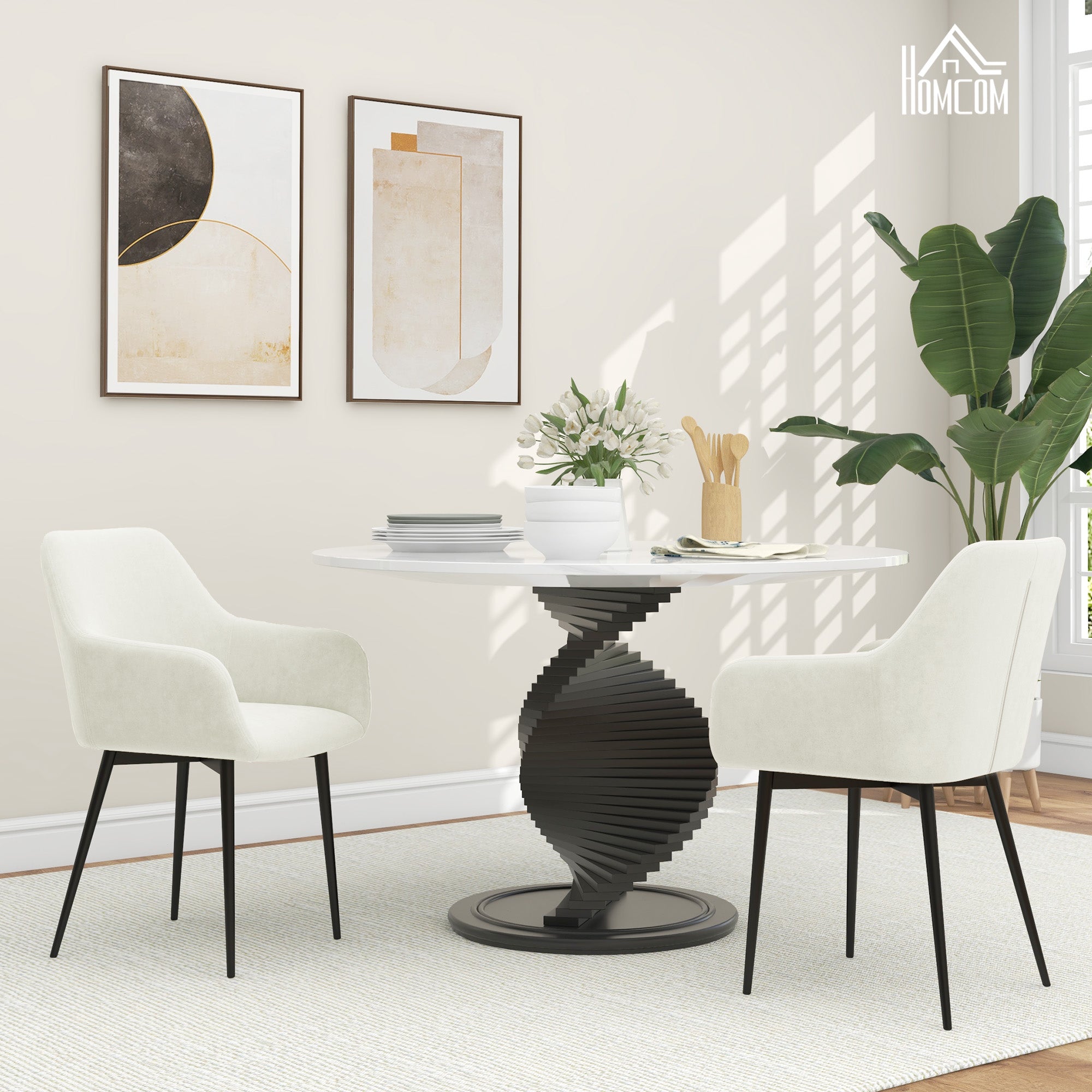 Set of 2 Upholstered Nordic Style Dining Chairs, Kitchen Chairs in Fabric, Armchair with Armrests and Steel Legs for Living Room, 54x57x80 cm, Cream White