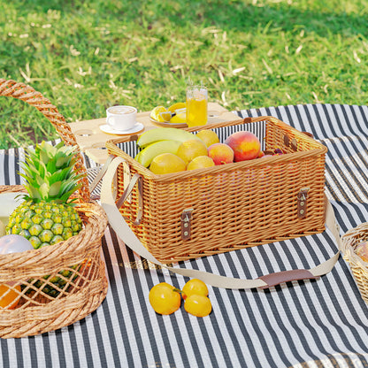 Wicker Picnic Basket for 4 People with Picnic Blanket Cutlery Set, Bottle Opener Picnic Table Picnic Set Complete Set for Camping Beach Christmas Light Brown