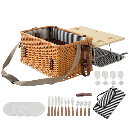 Wicker Picnic Basket for 4 People with Picnic Blanket Cutlery Set, Bottle Opener Picnic Table Picnic Set Complete Set for Camping Beach Christmas Light Brown