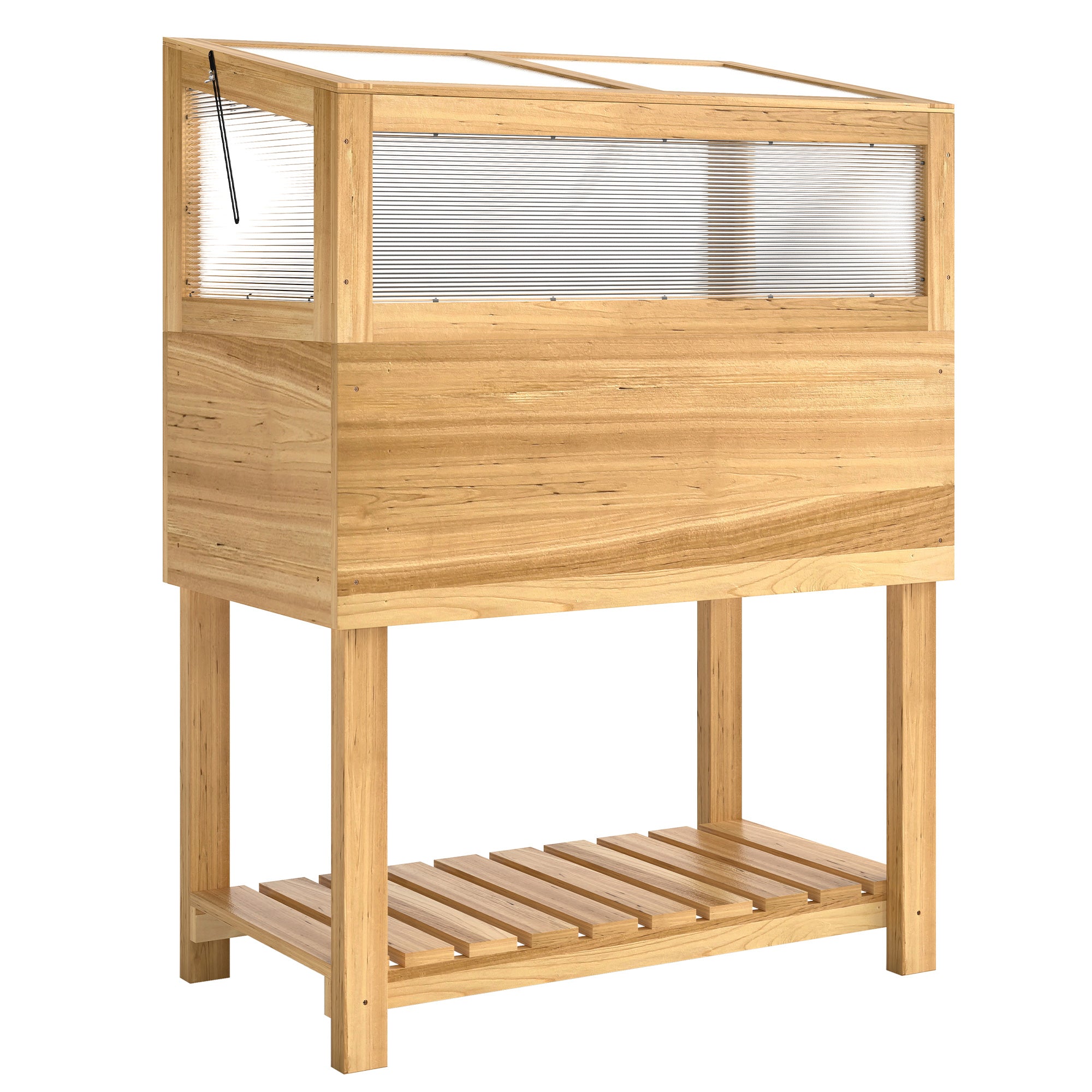 Raised Wooden Planter with Cold Frame – Elevated Garden Bed with Hinged Cover & Storage Shelf, Ergonomic Flower/Vegetable Bed for Garden & Balcony, 31.5 x 17.7 x 42.7 in (80 x 45 x 108.5 cm), Natural Wood