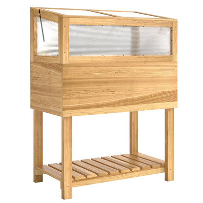 Raised Wooden Planter with Cold Frame – Elevated Garden Bed with Hinged Cover & Storage Shelf, Ergonomic Flower/Vegetable Bed for Garden & Balcony, 31.5 x 17.7 x 42.7 in (80 x 45 x 108.5 cm), Natural Wood