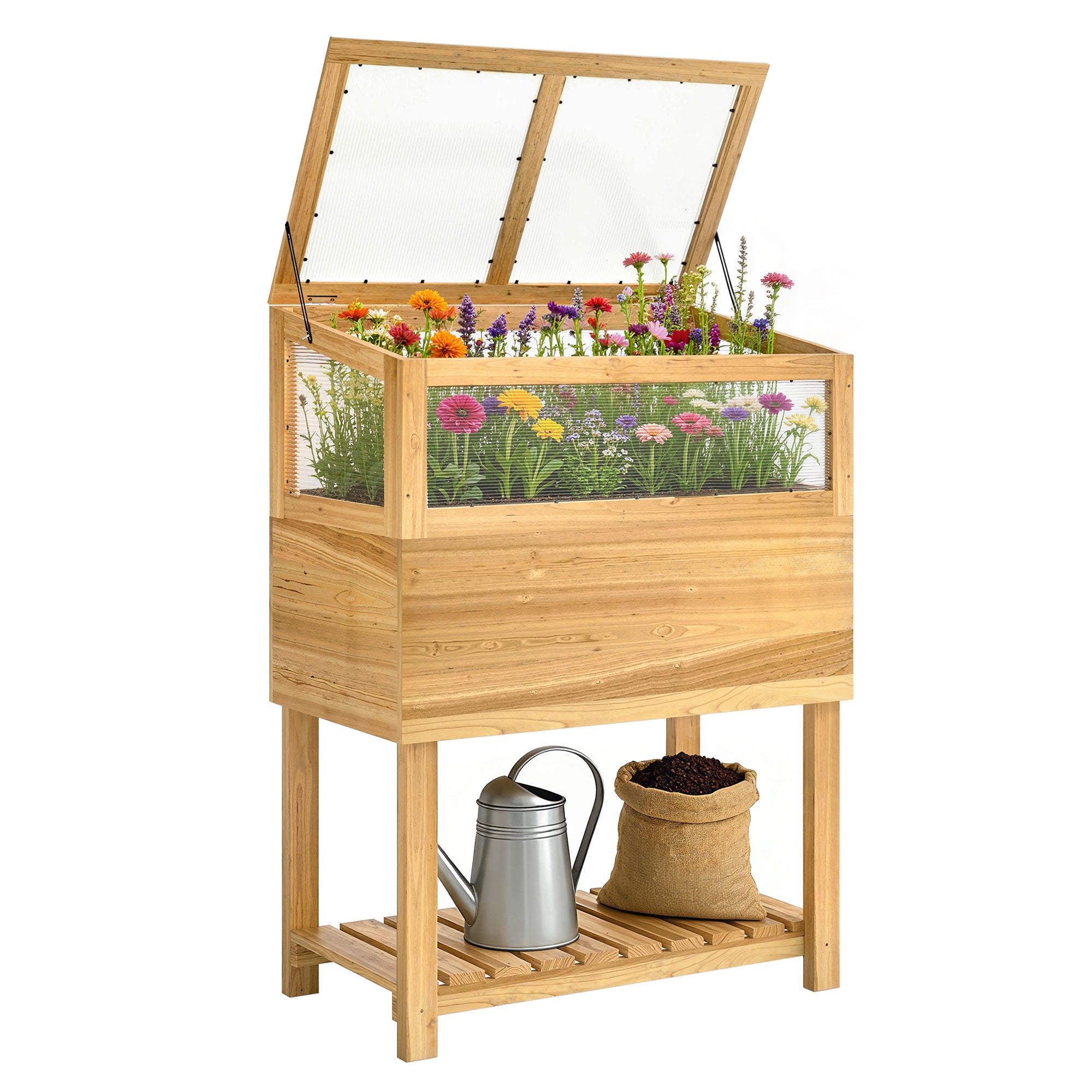 Raised Wooden Planter with Cold Frame – Elevated Garden Bed with Hinged Cover & Storage Shelf, Ergonomic Flower/Vegetable Bed for Garden & Balcony, 31.5 x 17.7 x 42.7 in (80 x 45 x 108.5 cm), Natural Wood