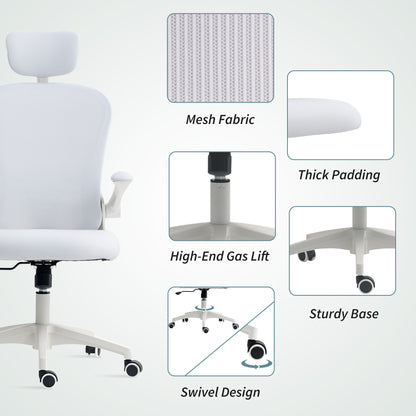 Mesh Office Chair, Swivel Desk Chair with Tilt Function, High Back, Adjustable Headrest, 4D Lumbar Support, Folding Arms, Height Adjustable, White