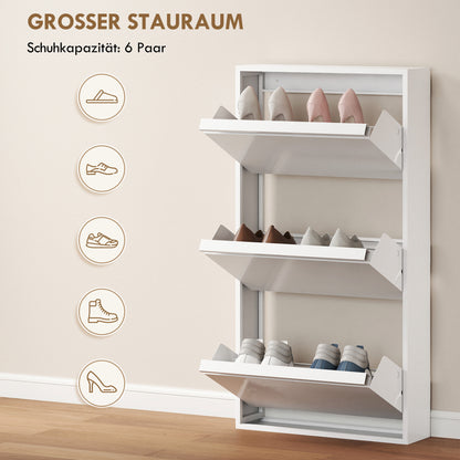 Metal Shoe Cabinet with 3 Flip Drawers — Slim Wall-Mounted Shoe Rack for 6 Pairs, 55 x 15 x 105.5 cm (21.7" x 5.9" x 41.5"), White
