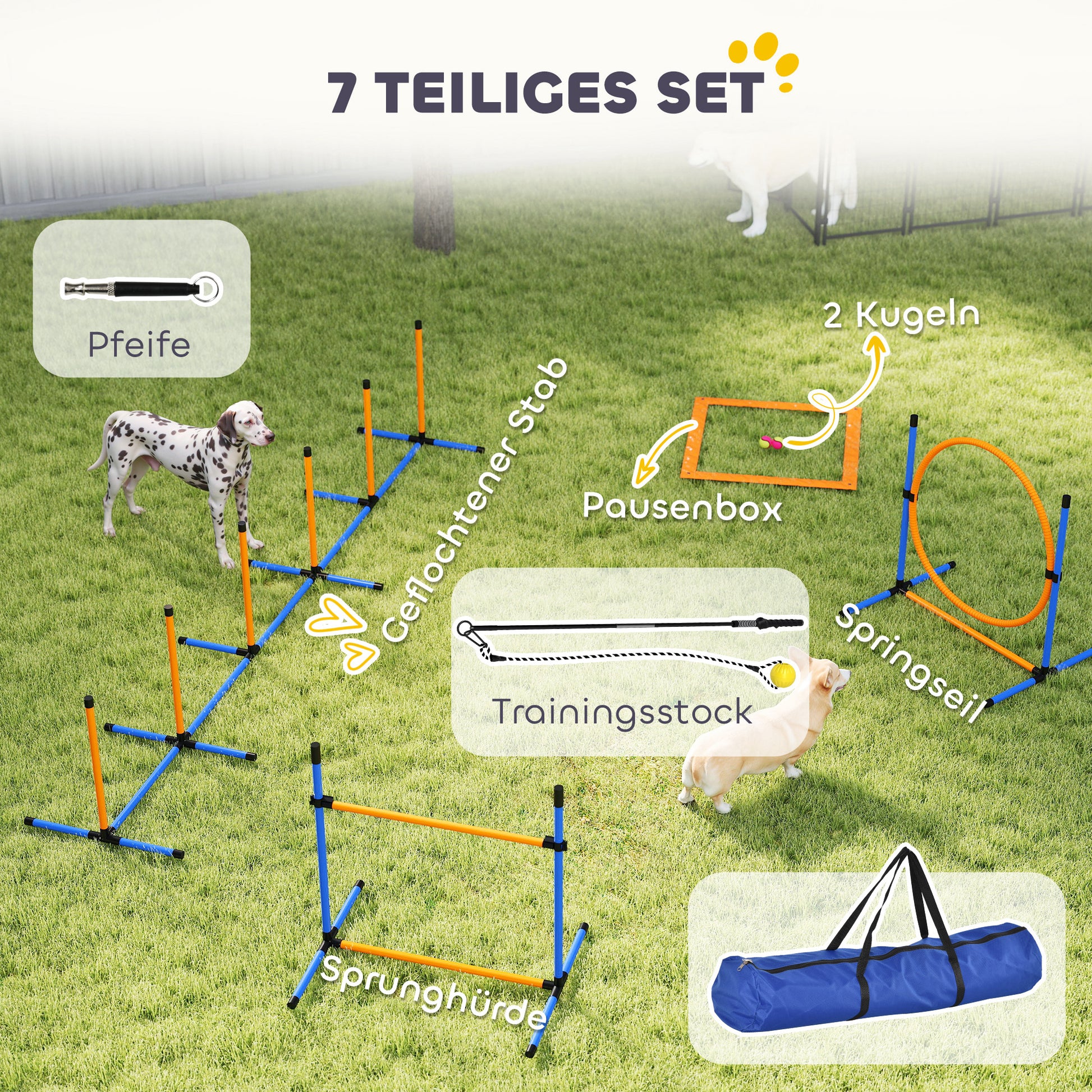 Agility Set for Dogs 7 Pieces Agility Equipment for Dog Training Hurdle Set with Slalom Poles Jump Hoop 2 Balls Height Adjustable Hurdles Coordination Training for Games Training