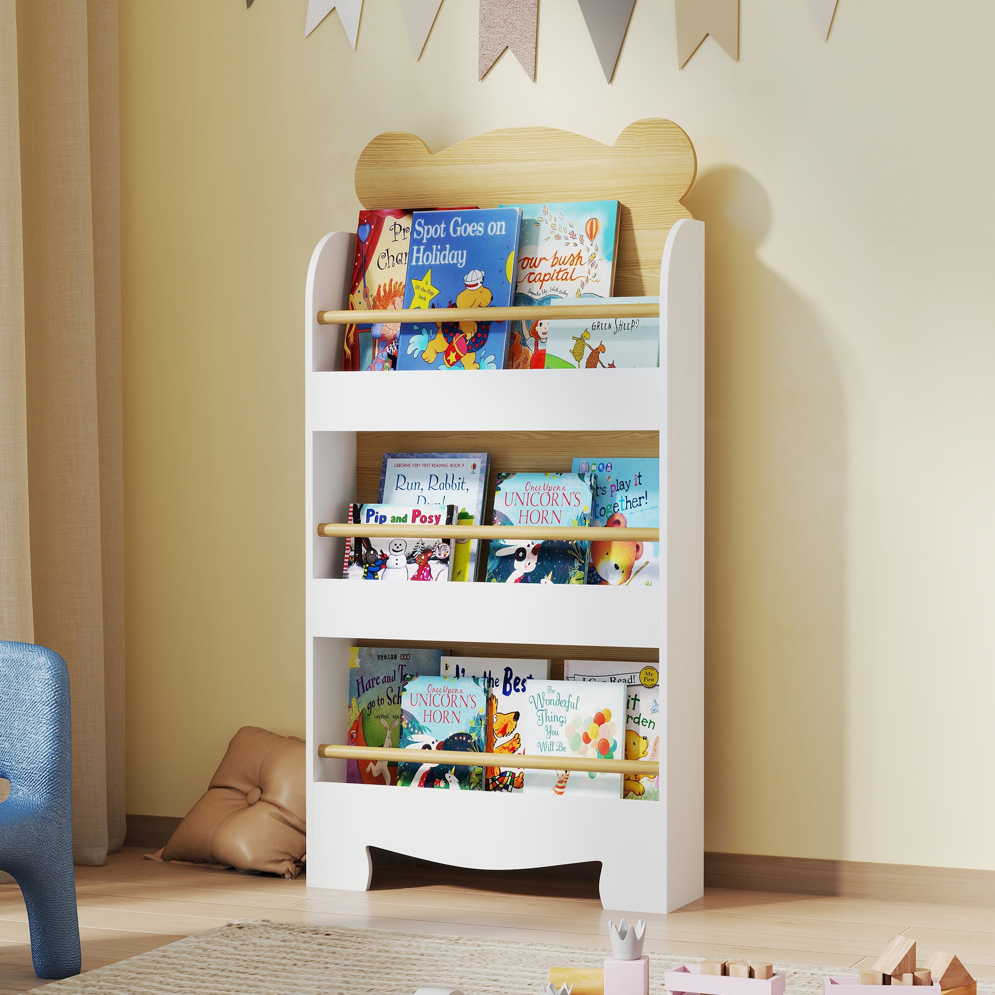 3-Level Kids Bookshelf Bear Design for Playroom Bedroom Nursery Natural Wood