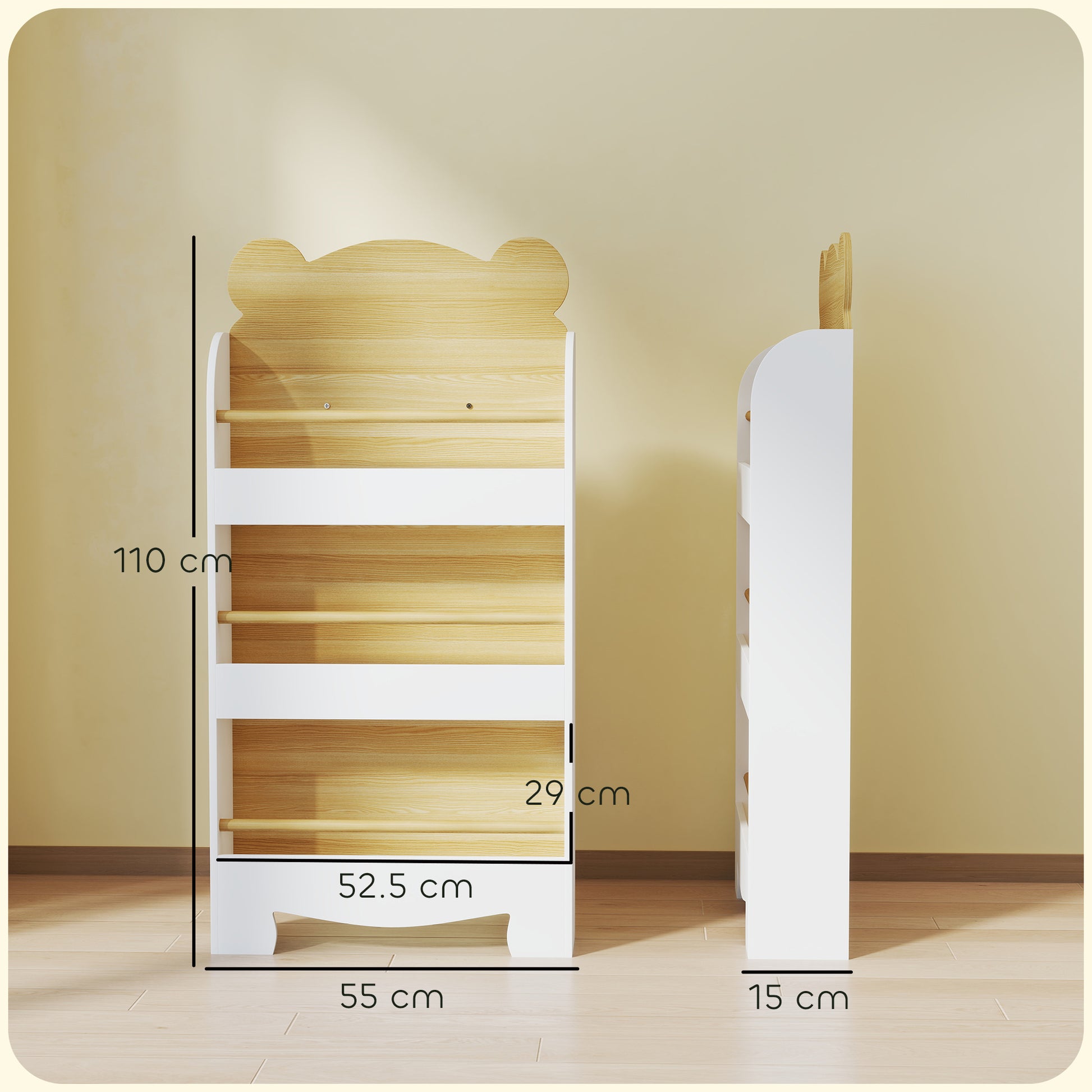 3-Level Kids Bookshelf Bear Design for Playroom Bedroom Nursery Natural Wood
