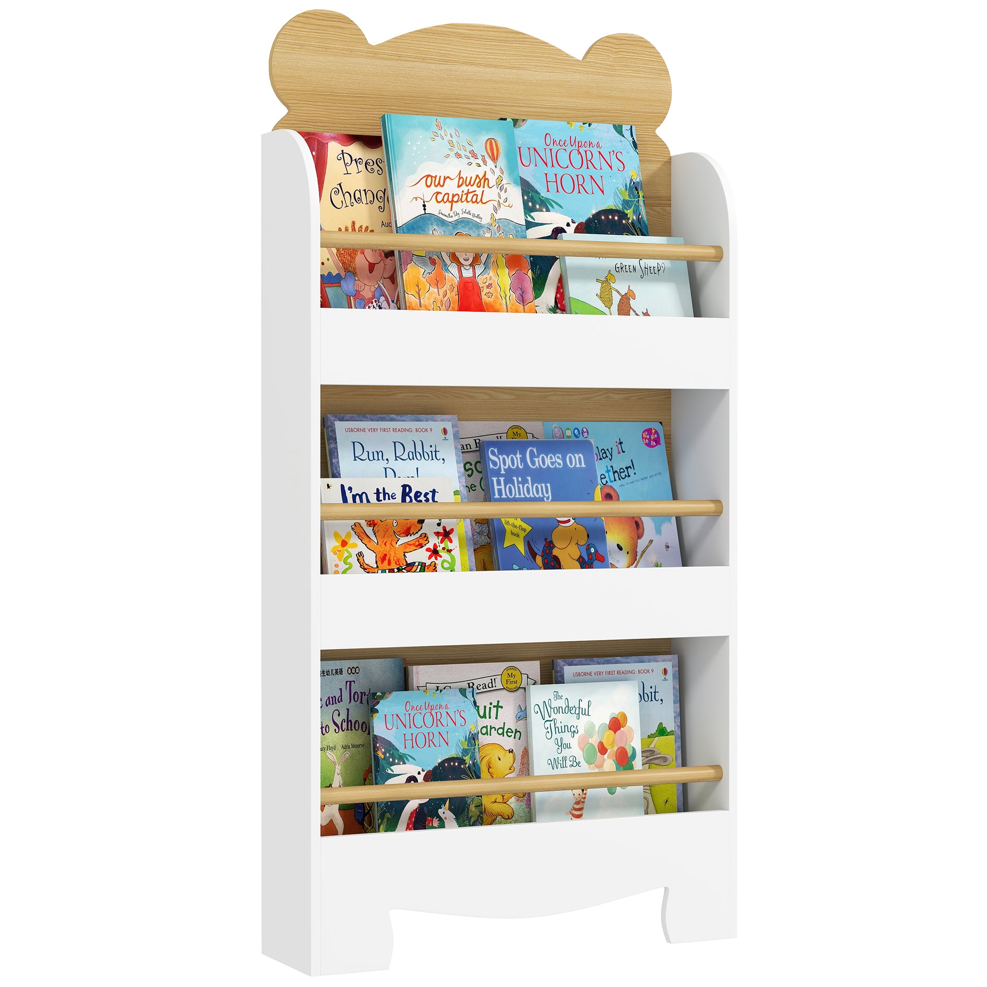 3-Level Kids Bookshelf Bear Design for Playroom Bedroom Nursery Natural Wood