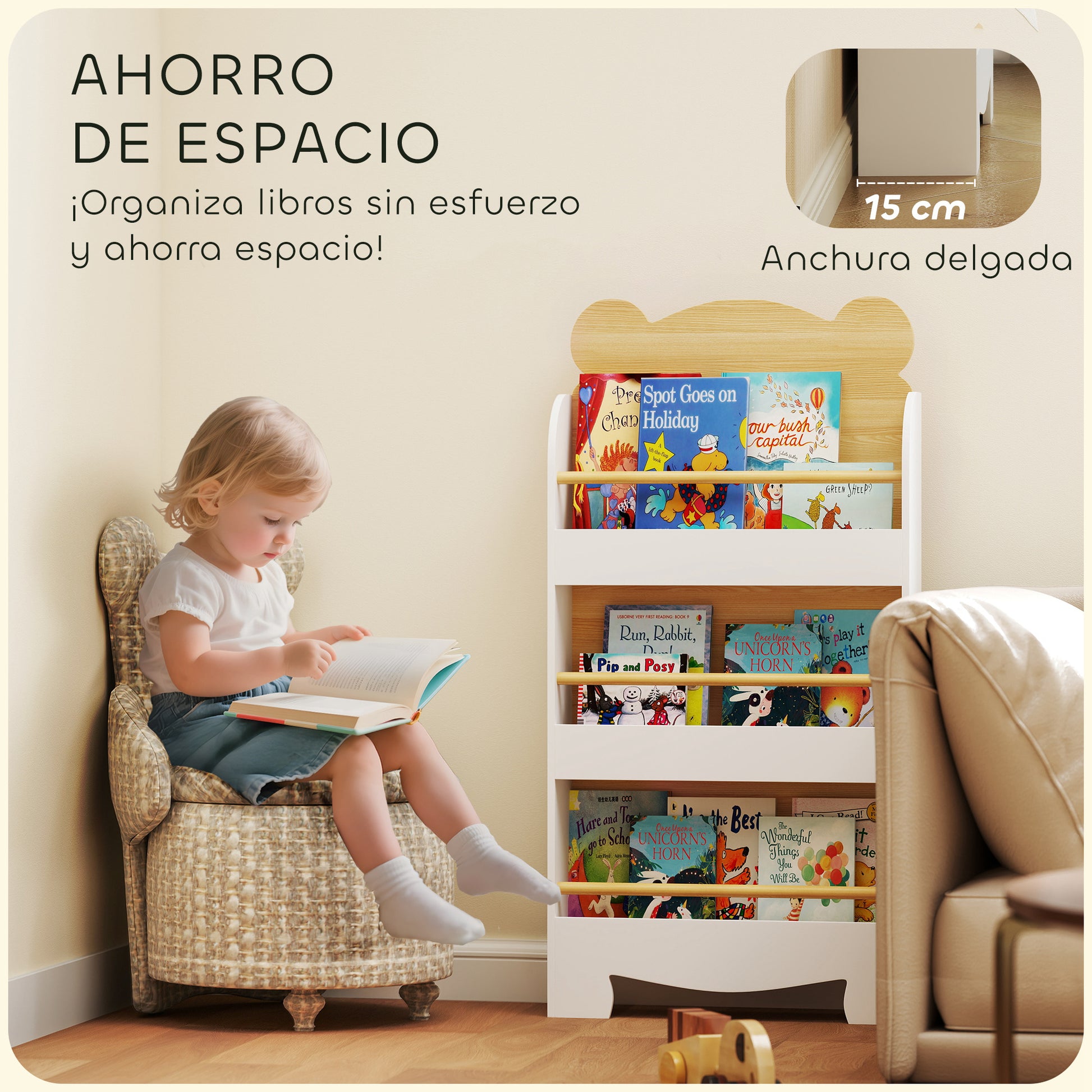 3-Level Kids Bookshelf Bear Design for Playroom Bedroom Nursery Natural Wood