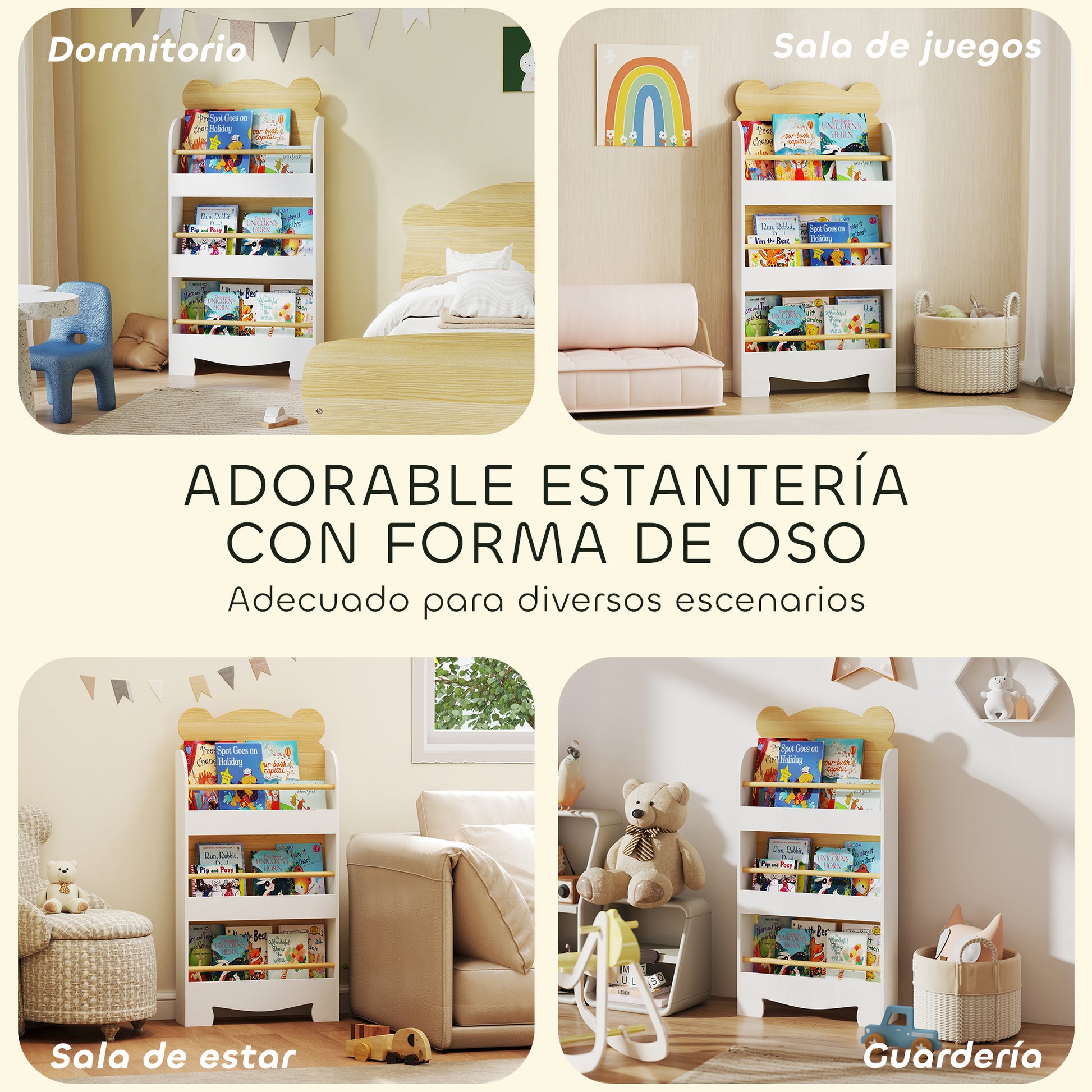 3-Level Kids Bookshelf Bear Design for Playroom Bedroom Nursery Natural Wood