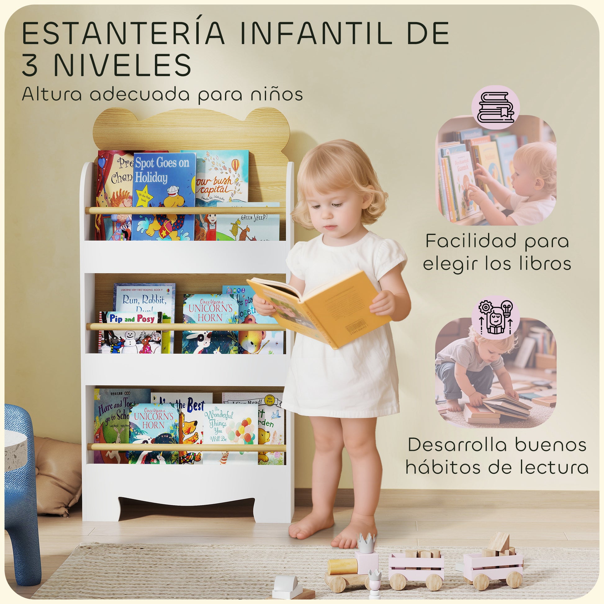 3-Level Kids Bookshelf Bear Design for Playroom Bedroom Nursery Natural Wood