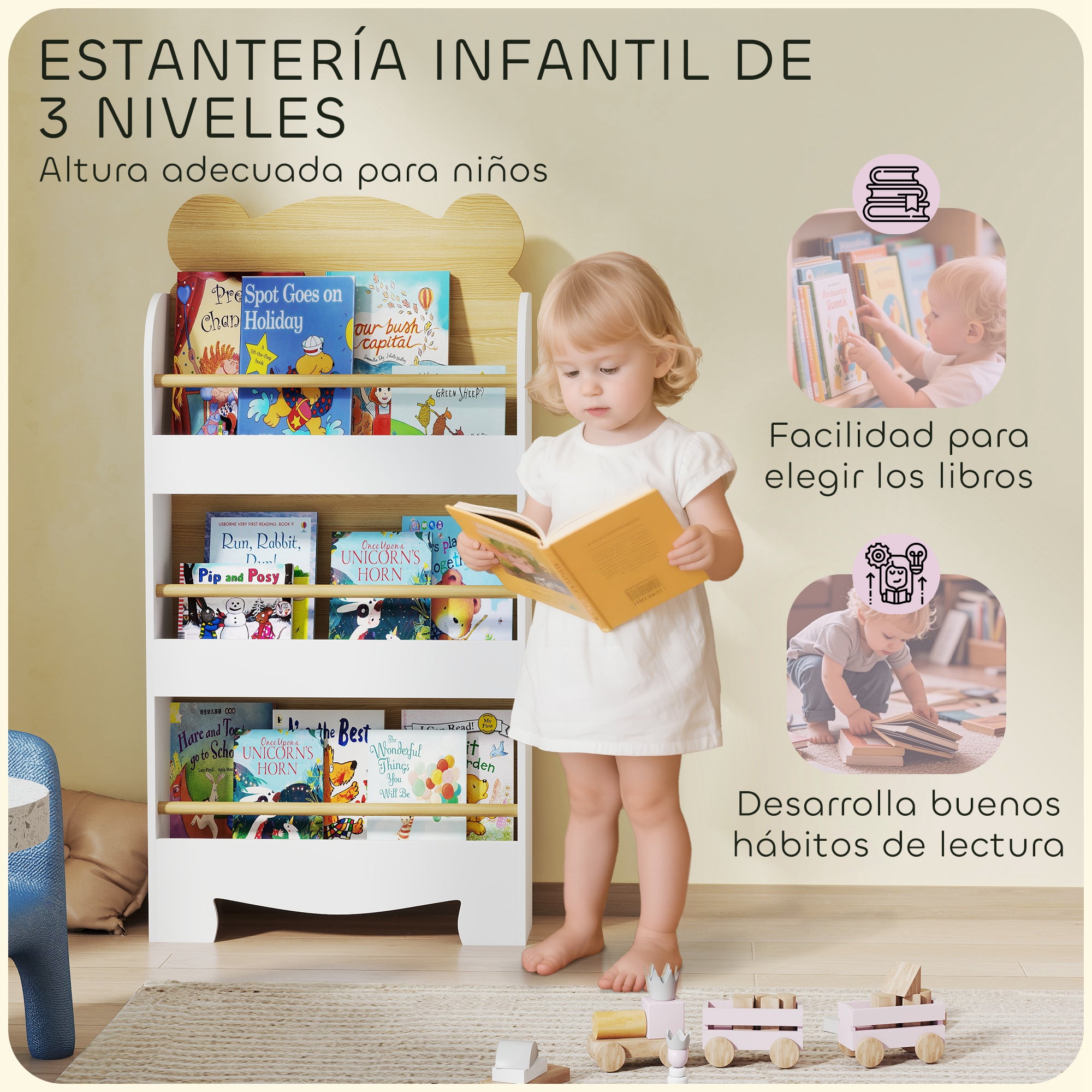 3-Level Kids Bookshelf Bear Design for Playroom Bedroom Nursery Natural Wood
