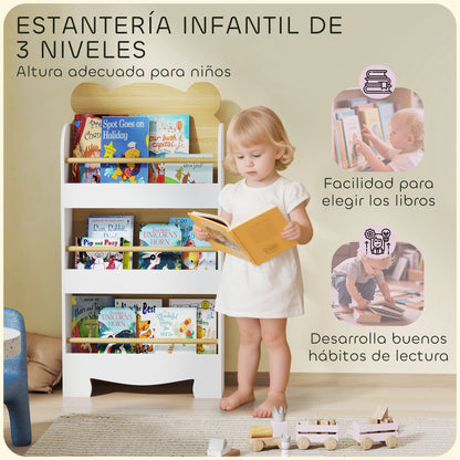 3-Level Kids Bookshelf Bear Design for Playroom Bedroom Nursery Natural Wood