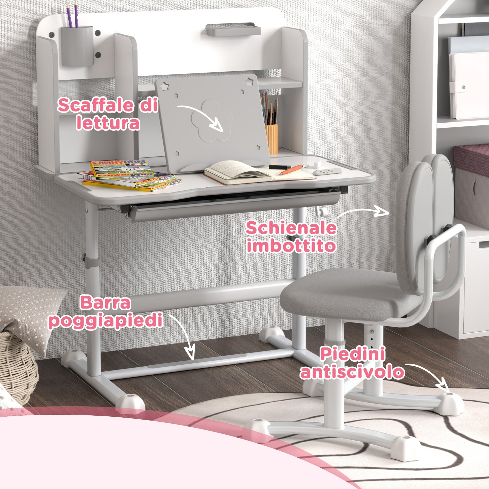 Height-Adjustable Kids Desk and Chair Set for 3-12 Years Old, School Desk with 45° Tilted Top, Drawer, Shelf, Pencil Holder, and Book Stand, in Steel and MDF, Gray