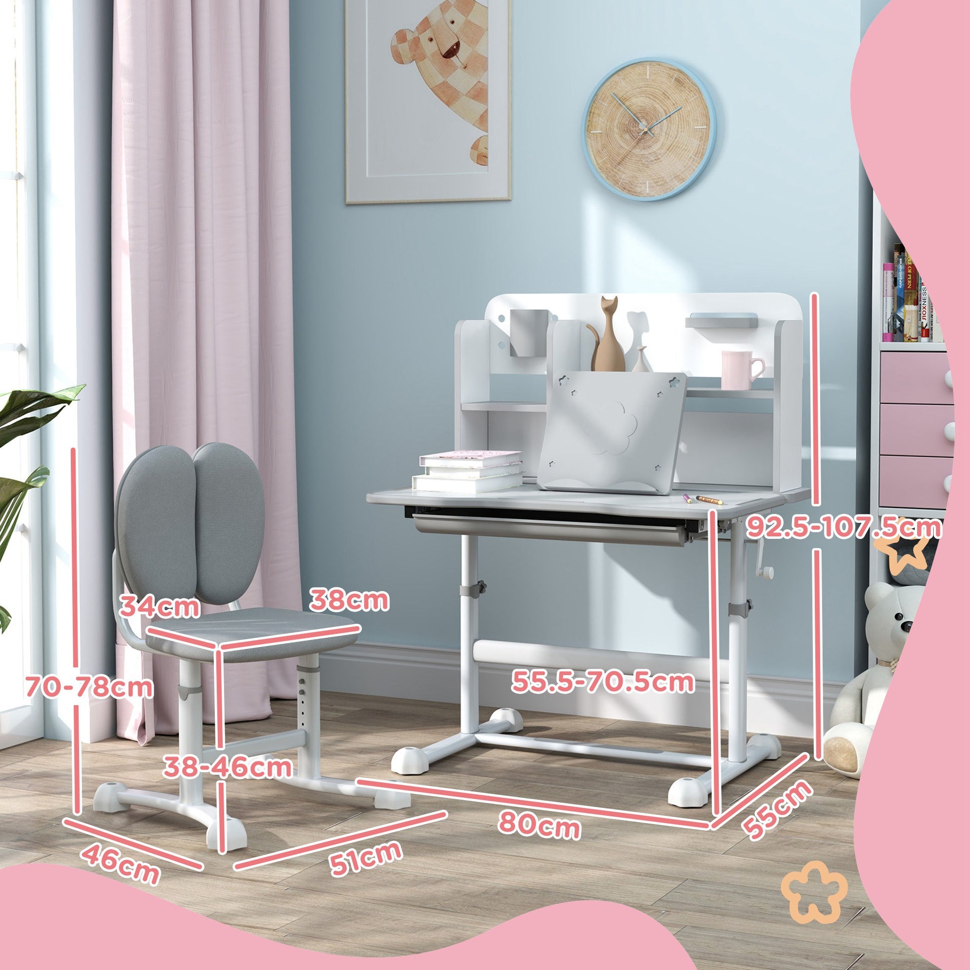 Height-Adjustable Kids Desk and Chair Set for 3-12 Years Old, School Desk with 45° Tilted Top, Drawer, Shelf, Pencil Holder, and Book Stand, in Steel and MDF, Gray