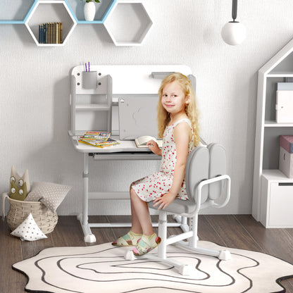 Height-Adjustable Kids Desk and Chair Set for 3-12 Years Old, School Desk with 45° Tilted Top, Drawer, Shelf, Pencil Holder, and Book Stand, in Steel and MDF, Gray