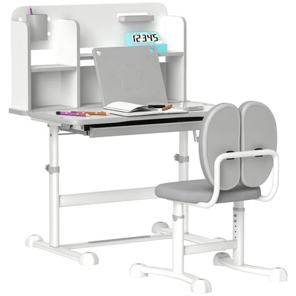 Height-Adjustable Kids Desk and Chair Set for 3-12 Years Old, School Desk with 45° Tilted Top, Drawer, Shelf, Pencil Holder, and Book Stand, in Steel and MDF, Gray