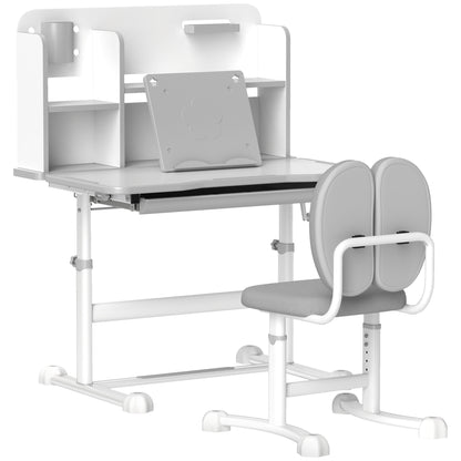 Height-Adjustable Kids Desk and Chair Set for 3-12 Years Old, School Desk with 45° Tilted Top, Drawer, Shelf, Pencil Holder, and Book Stand, in Steel and MDF, Gray