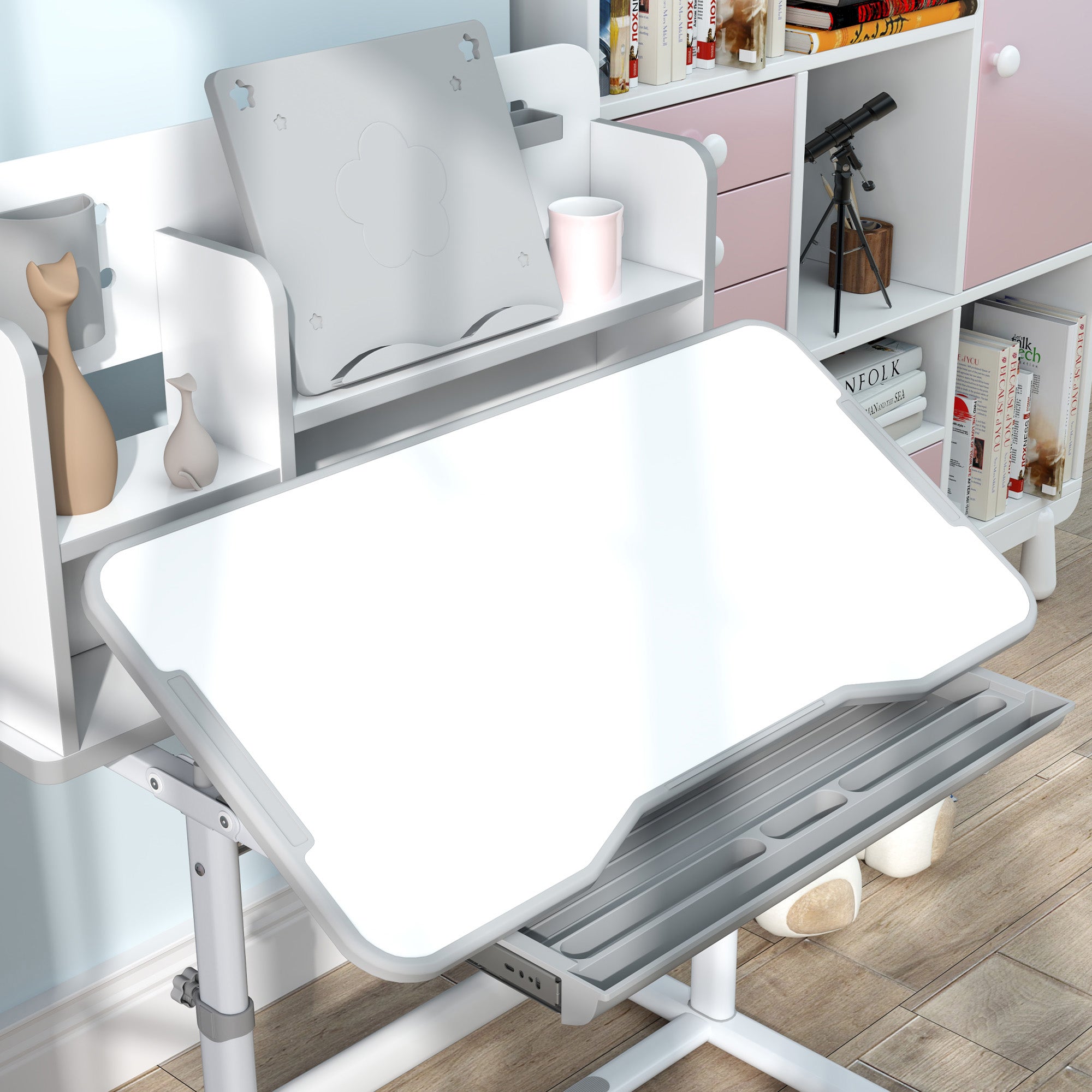 Height-Adjustable Kids Desk and Chair Set for 3-12 Years Old, School Desk with 45° Tilted Top, Drawer, Shelf, Pencil Holder, and Book Stand, in Steel and MDF, Gray