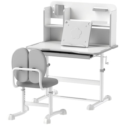 Height-Adjustable Kids Desk and Chair Set for 3-12 Years Old, School Desk with 45° Tilted Top, Drawer, Shelf, Pencil Holder, and Book Stand, in Steel and MDF, Gray