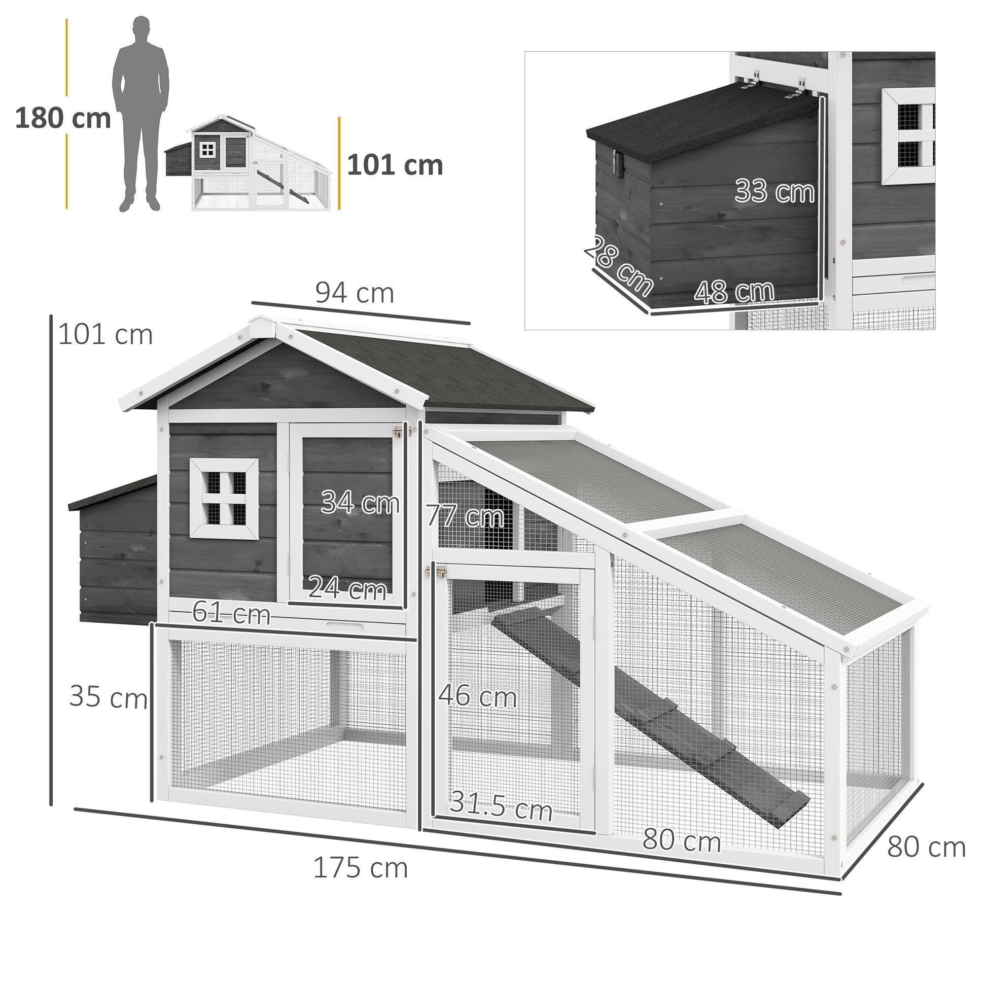 Chicken Coop for Layers or Ducks, Prefabricated Wooden Henhouse with Waterproof Roof, 178x95x100 cm, Gray