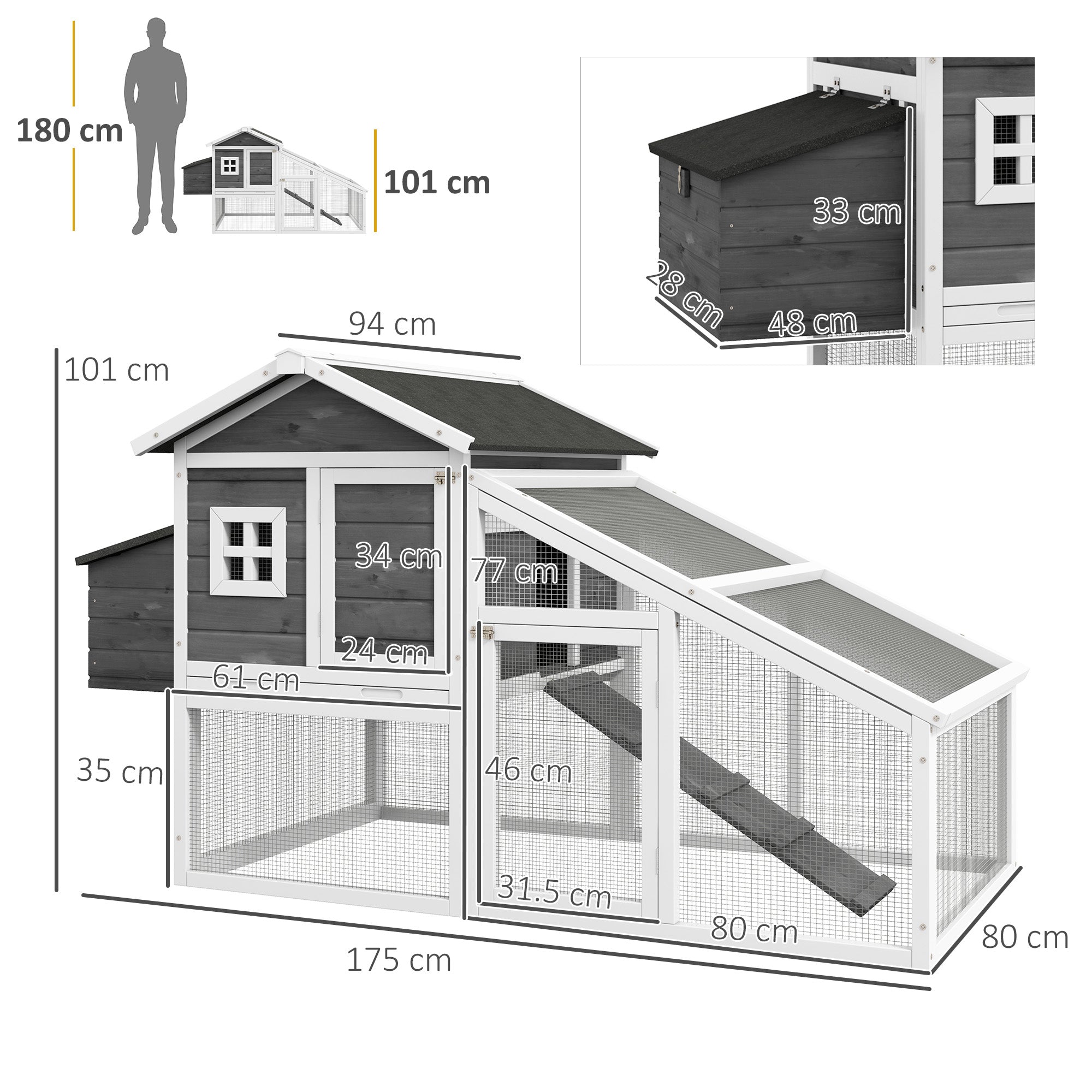 Chicken Coop for Layers or Ducks, Prefabricated Wooden Henhouse with Waterproof Roof, 178x95x100 cm, Gray