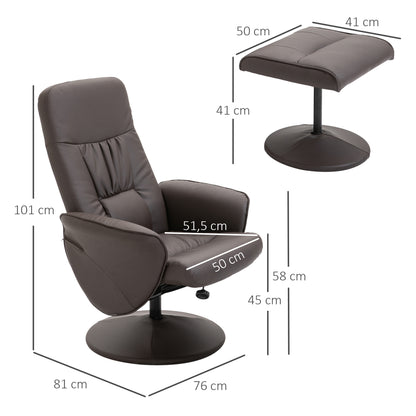 Living Room Armchair with Ottoman Footrest Upholstered in PU Reclining Armchair up to 145° and 360° Swivel with Adjustable Backrest for Living Room Bedroom Office 76x81x101 cm Brown