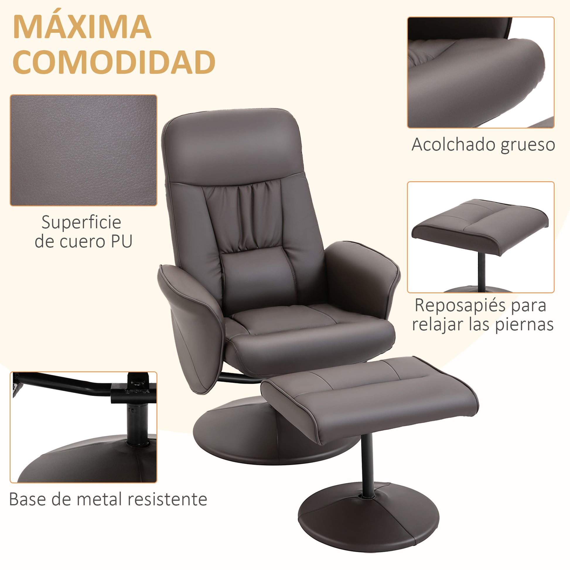 Living Room Armchair with Ottoman Footrest Upholstered in PU Reclining Armchair up to 145° and 360° Swivel with Adjustable Backrest for Living Room Bedroom Office 76x81x101 cm Brown