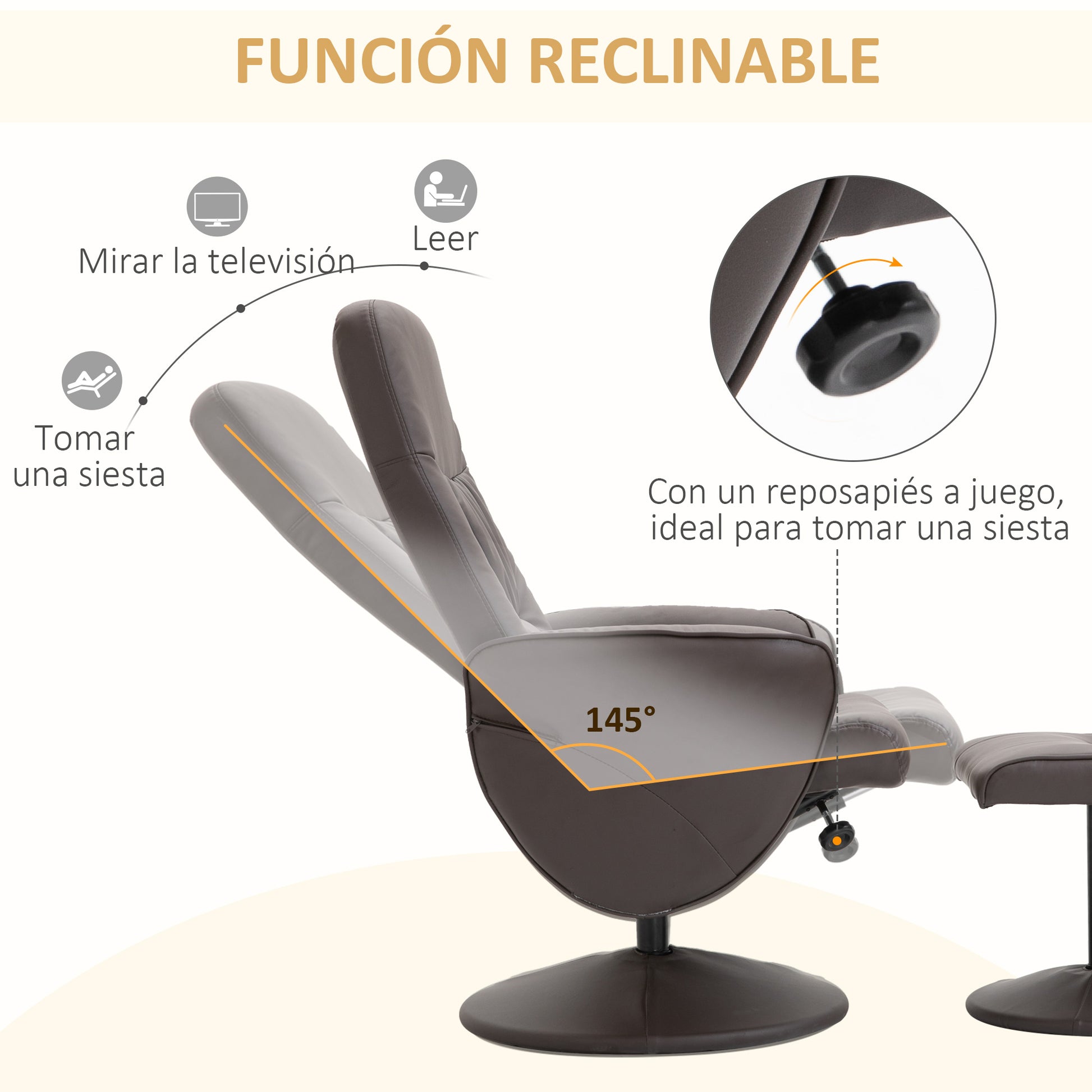 Living Room Armchair with Ottoman Footrest Upholstered in PU Reclining Armchair up to 145° and 360° Swivel with Adjustable Backrest for Living Room Bedroom Office 76x81x101 cm Brown
