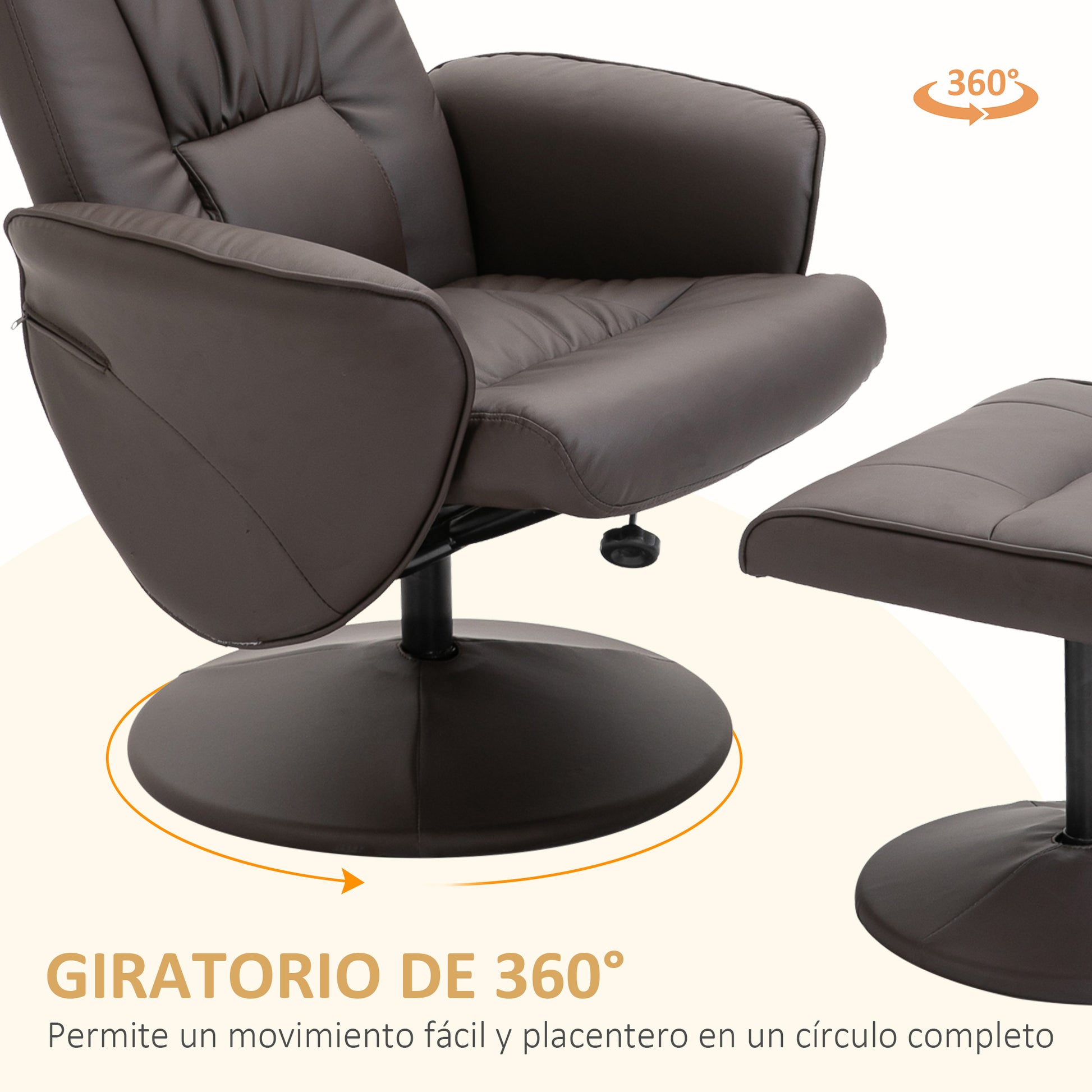 Living Room Armchair with Ottoman Footrest Upholstered in PU Reclining Armchair up to 145° and 360° Swivel with Adjustable Backrest for Living Room Bedroom Office 76x81x101 cm Brown