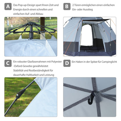 Camping Tent 3-4 Person Family Dome Tent 210T Polyurethane 3000mm Simple Setup for Family Trekking Festival Steel Fiberglass Gray+Black 260 x 260 x 195 cm