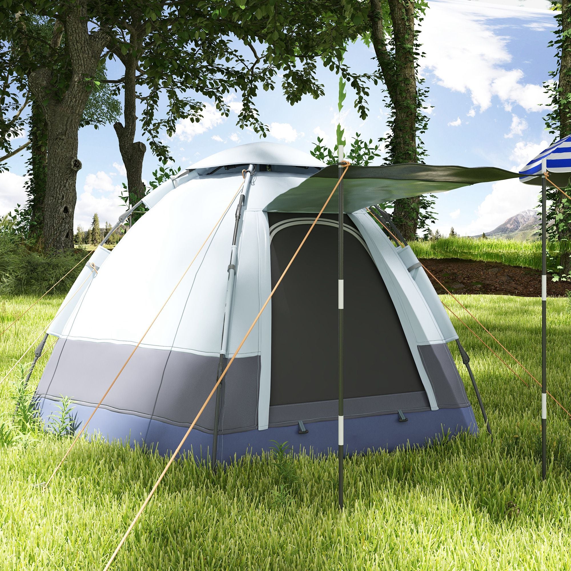 Camping Tent 3-4 Person Family Dome Tent 210T Polyurethane 3000mm Simple Setup for Family Trekking Festival Steel Fiberglass Gray+Black 260 x 260 x 195 cm