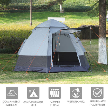 Camping Tent 3-4 Person Family Dome Tent 210T Polyurethane 3000mm Simple Setup for Family Trekking Festival Steel Fiberglass Gray+Black 260 x 260 x 195 cm
