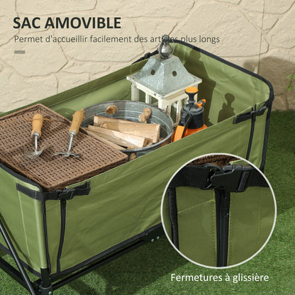 Folding Garden Cart 130 L, Transport Cart with Removable Bag, Wheel Cart with Rotating Telescopic Handle, Steel Trailer Cart, Black