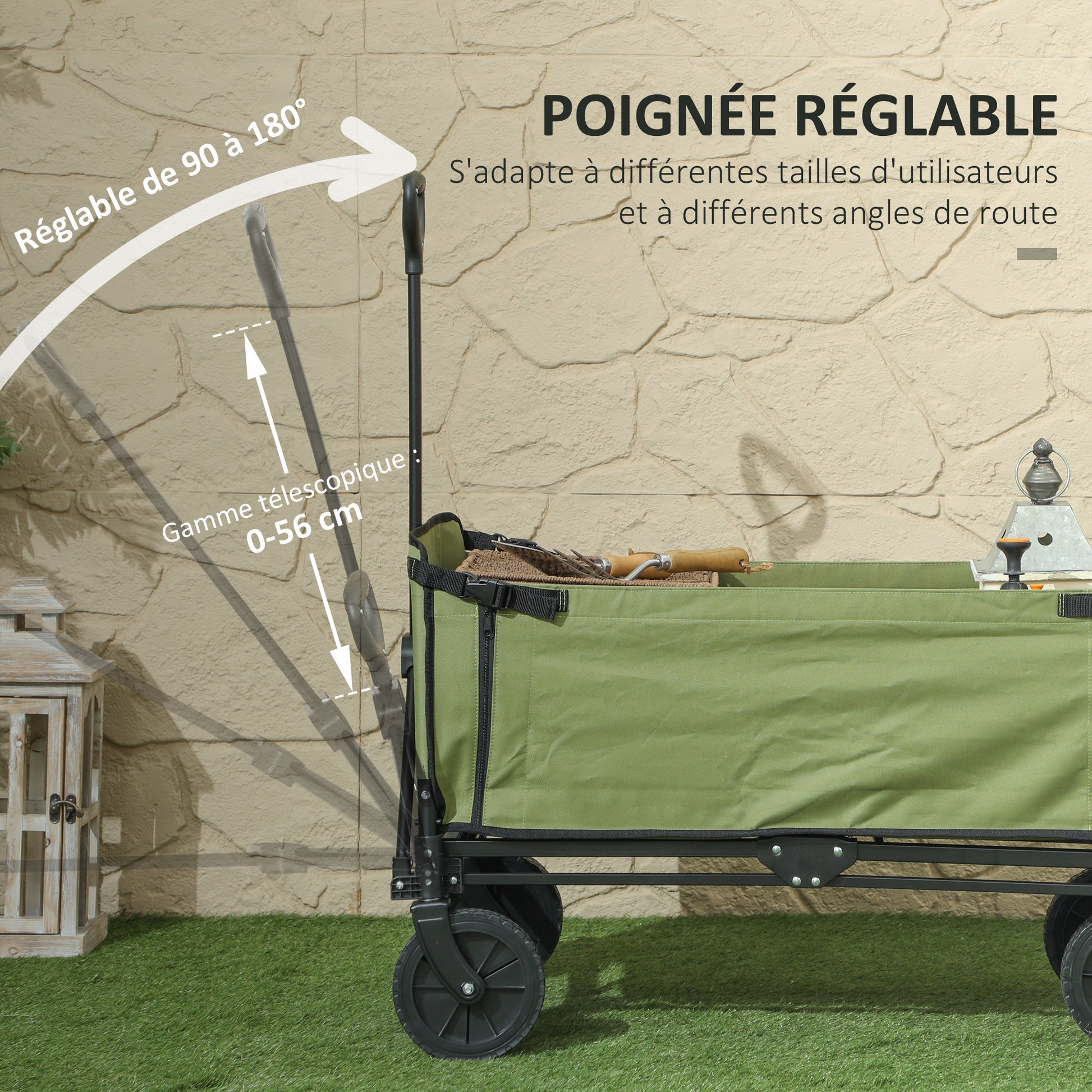 Folding Garden Cart 130 L, Transport Cart with Removable Bag, Wheel Cart with Rotating Telescopic Handle, Steel Trailer Cart, Black