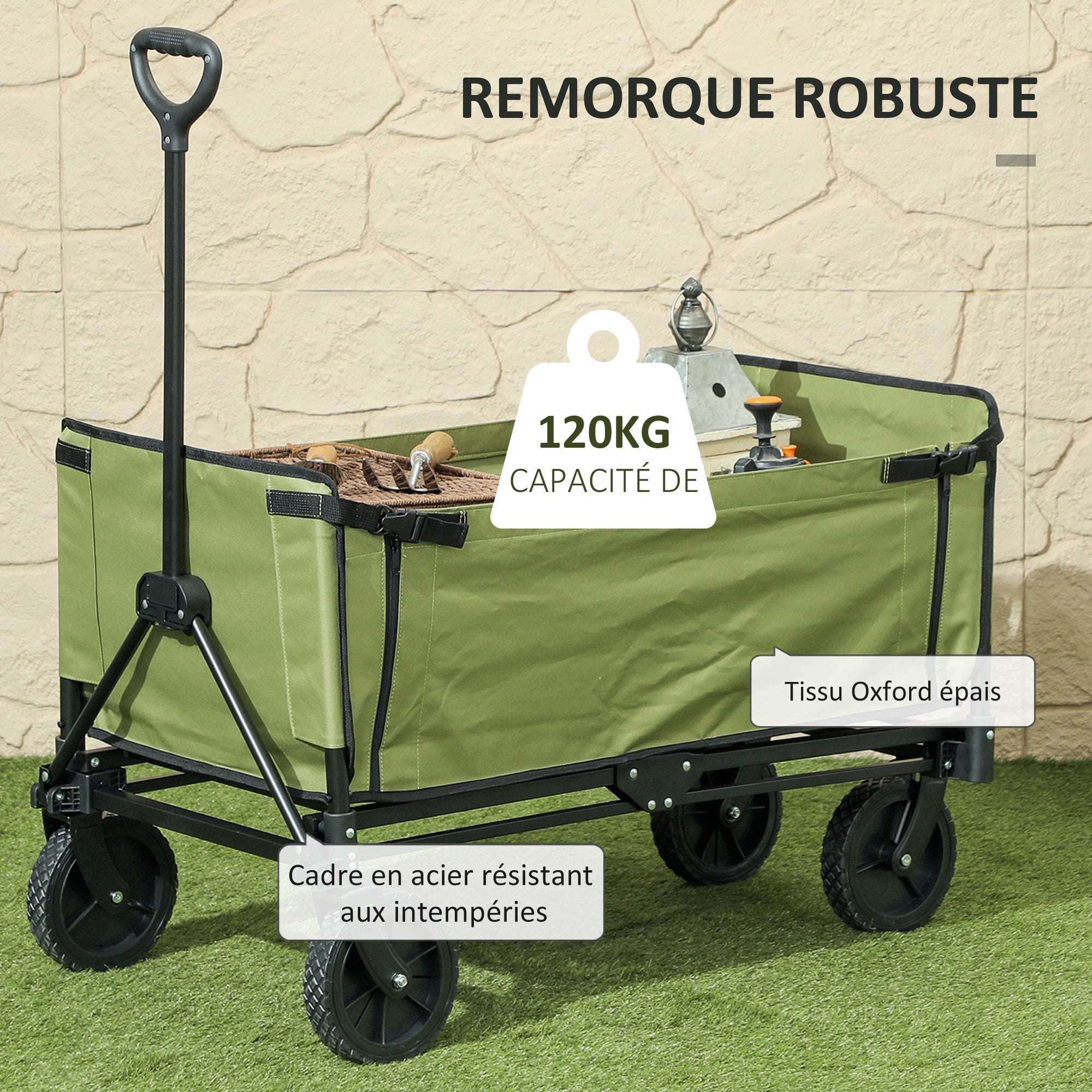 Folding Garden Cart 130 L, Transport Cart with Removable Bag, Wheel Cart with Rotating Telescopic Handle, Steel Trailer Cart, Black
