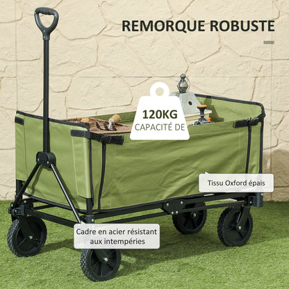 Folding Garden Cart 130 L, Transport Cart with Removable Bag, Wheel Cart with Rotating Telescopic Handle, Steel Trailer Cart, Black