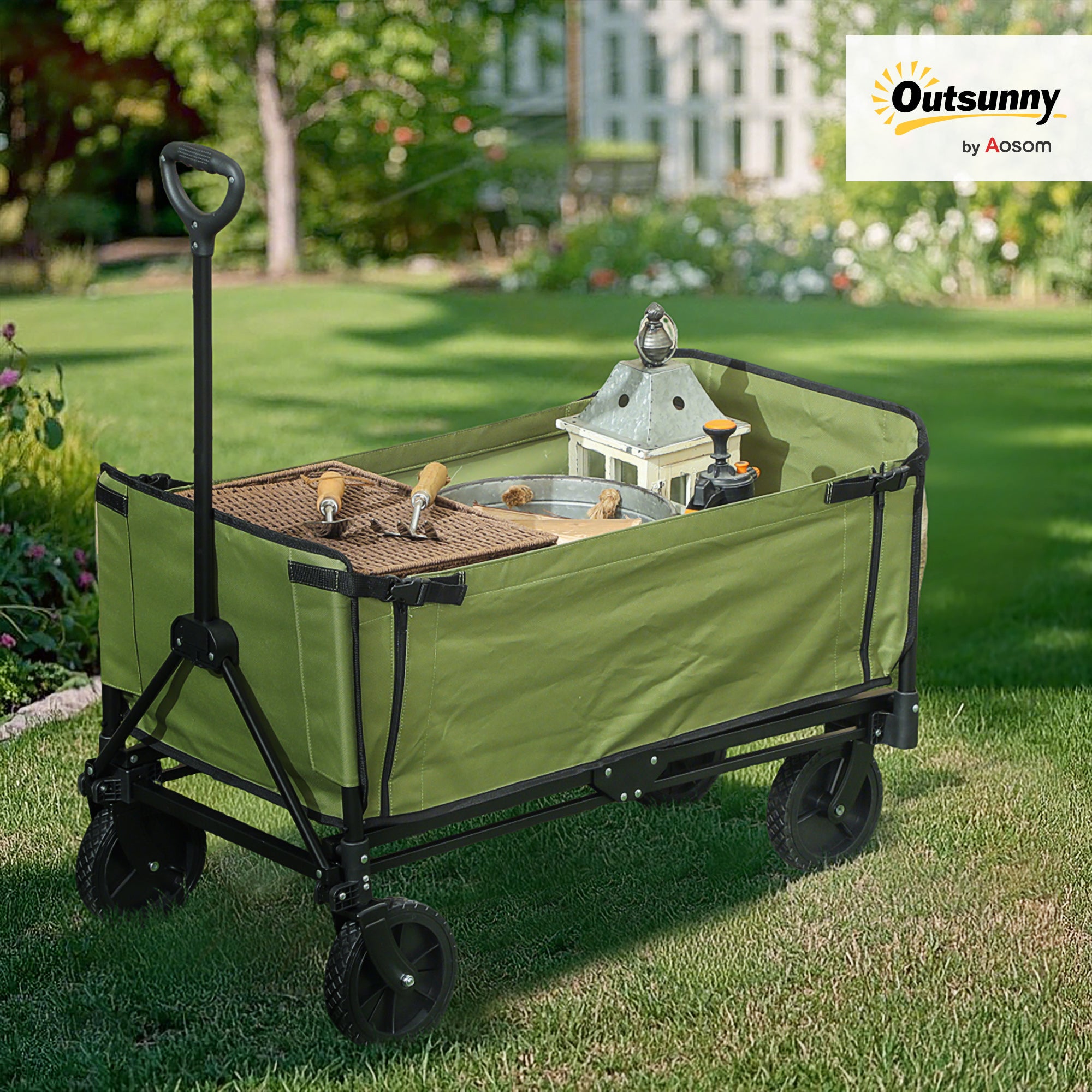Folding Garden Cart 130 L, Transport Cart with Removable Bag, Wheel Cart with Rotating Telescopic Handle, Steel Trailer Cart, Black