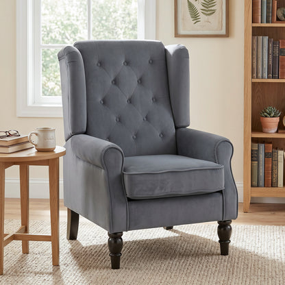 Wingback Armchair with Armrests, Tufted Lounge Chair with Cushion, High Back Velvet-Look Accent Chair with Wooden Legs, Gray