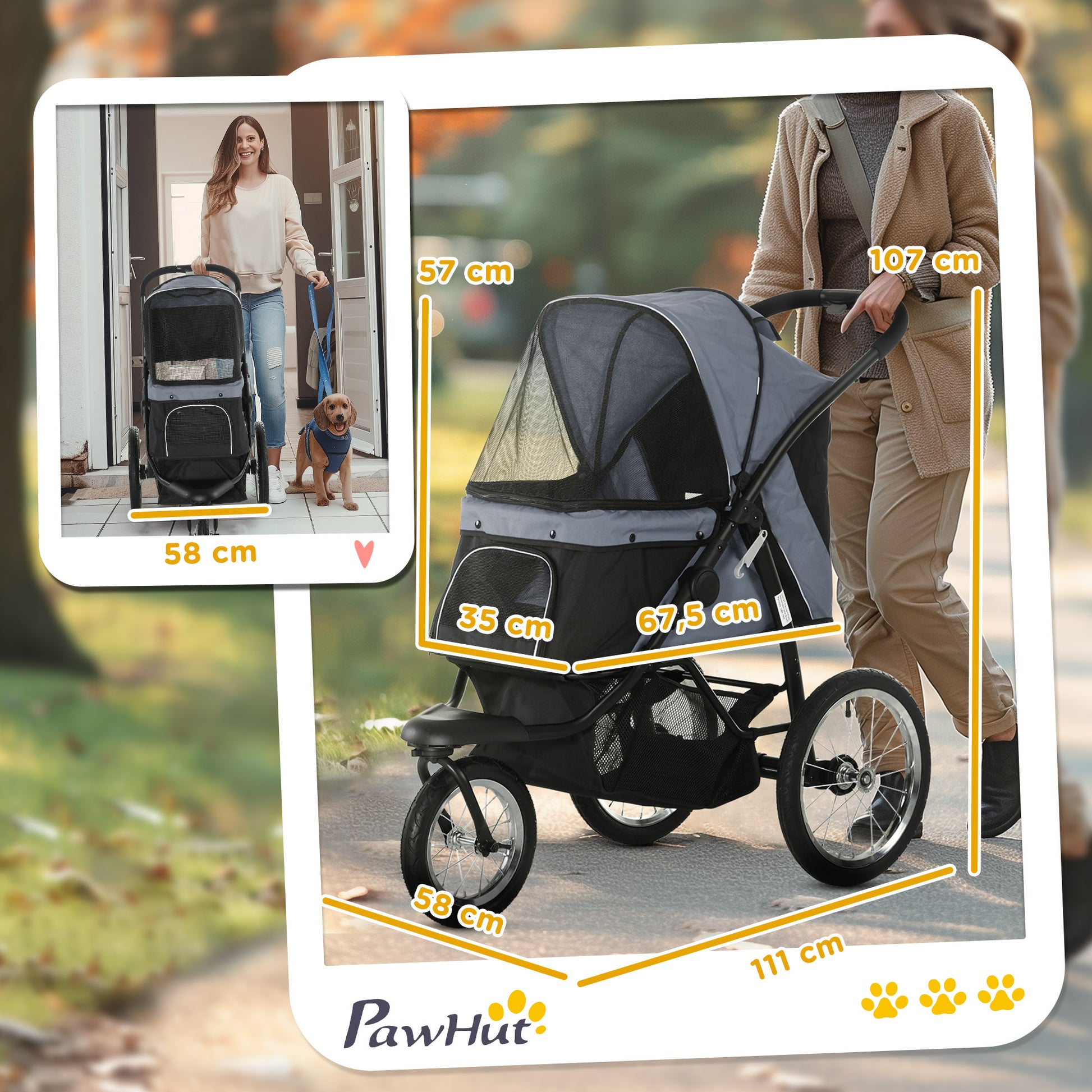Dog Carriage Dog Buggy Foldable for Dogs & Cats up to 20 kg Cat Carriage with All-Terrain Rubber Wheels Cushion Mesh Windows Doors Cat Buggy with Storage Basket Gray
