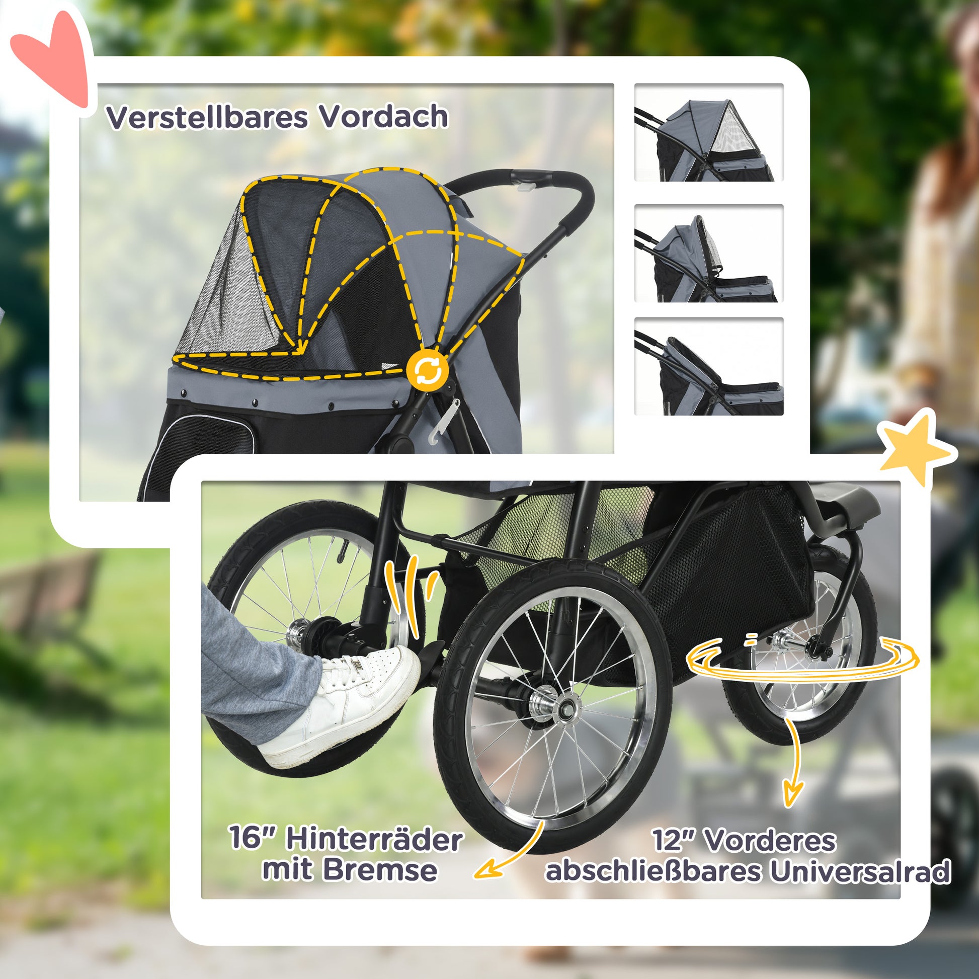 Dog Carriage Dog Buggy Foldable for Dogs & Cats up to 20 kg Cat Carriage with All-Terrain Rubber Wheels Cushion Mesh Windows Doors Cat Buggy with Storage Basket Gray