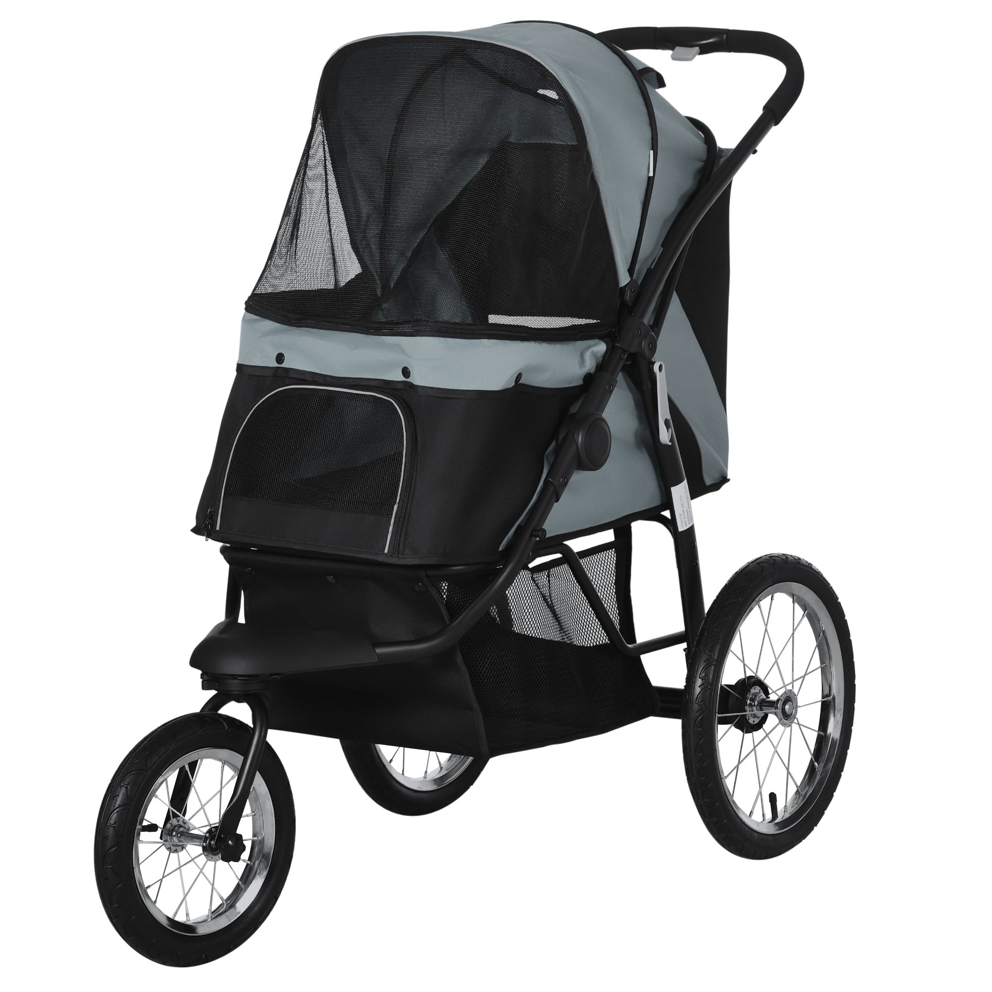 Dog Carriage Dog Buggy Foldable for Dogs & Cats up to 20 kg Cat Carriage with All-Terrain Rubber Wheels Cushion Mesh Windows Doors Cat Buggy with Storage Basket Gray