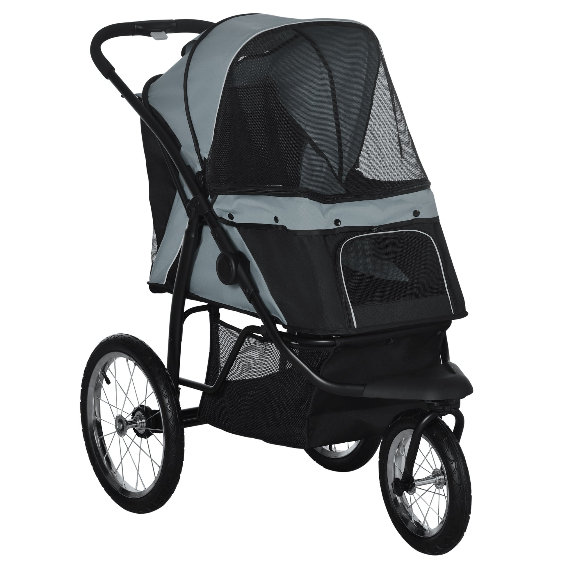 Dog Carriage Dog Buggy Foldable for Dogs & Cats up to 20 kg Cat Carriage with All-Terrain Rubber Wheels Cushion Mesh Windows Doors Cat Buggy with Storage Basket Gray